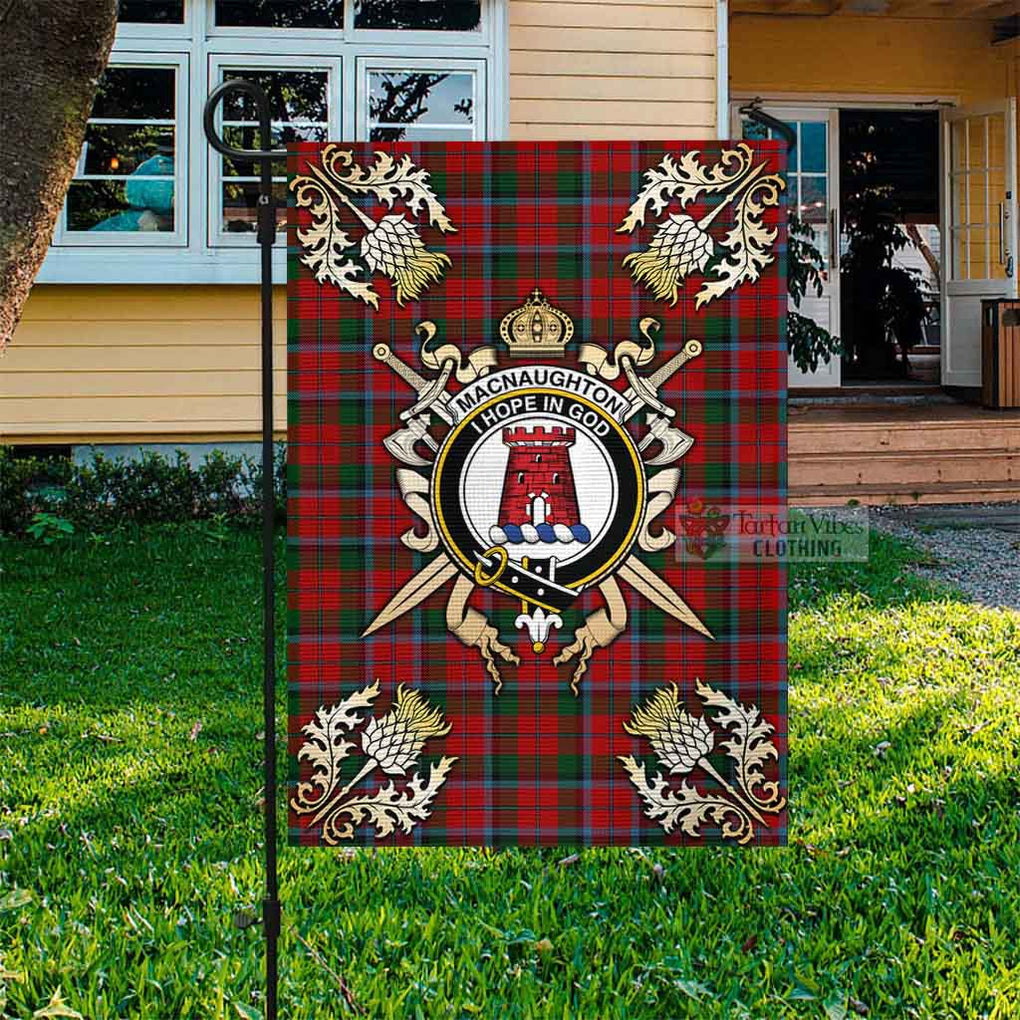 MacNaughton (McNaughton) Tartan Garden Flag with Family Crest and Golden Thistle Crossed Sword Design Garden Flag - Tartan Vibes Clothing