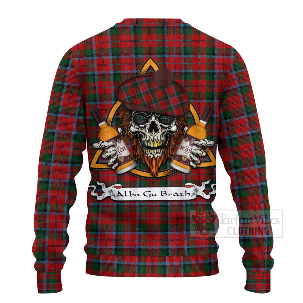 Tartan Vibes Clothing MacNaughton (McNaughton) Tartan Knitted Sweater with Family Crest and Bearded Skull Holding Bottles of Whiskey