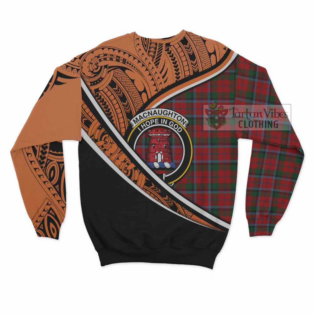 Tartan Vibes Clothing MacNaughton (McNaughton) Crest Tartan Sweatshirt with Maori Tattoo Style - Orange Version