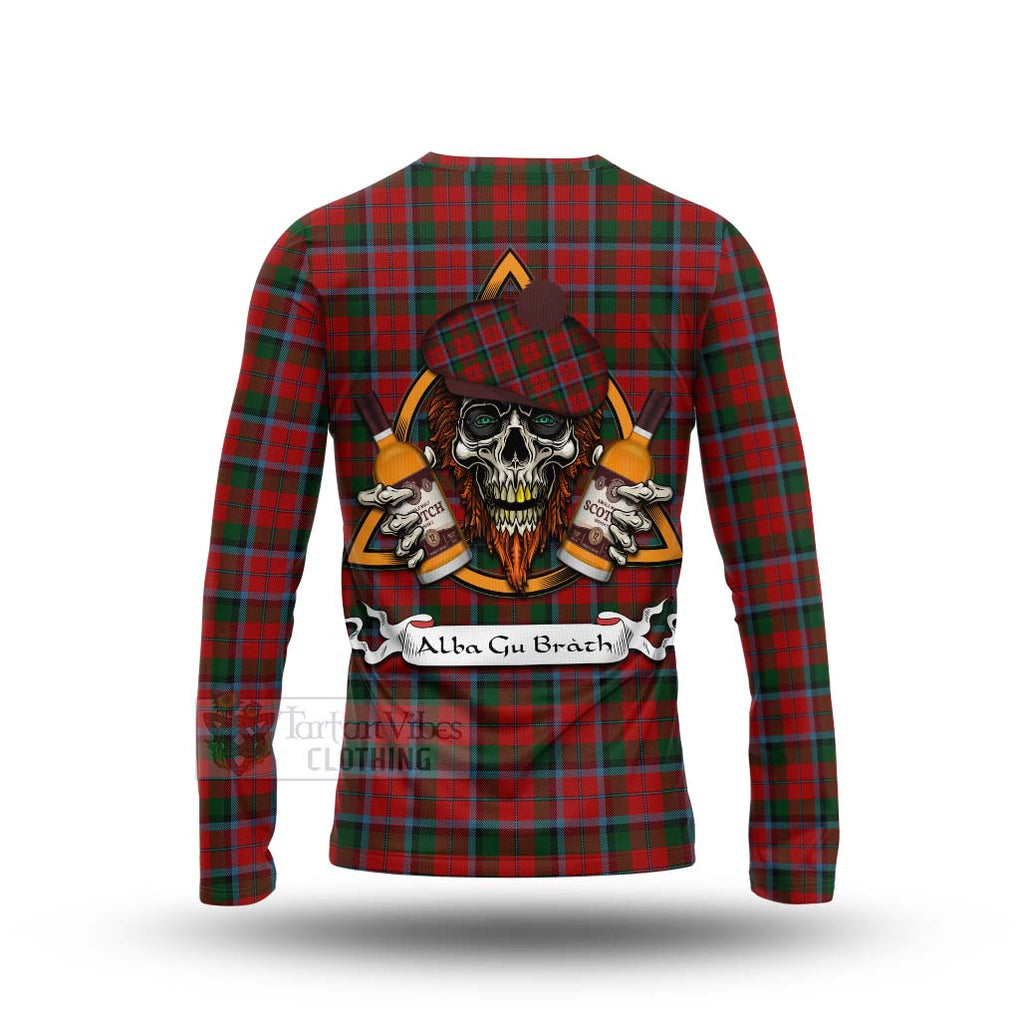 Tartan Vibes Clothing MacNaughton (McNaughton) Tartan Long Sleeve T-Shirt with Family Crest and Bearded Skull Holding Bottles of Whiskey