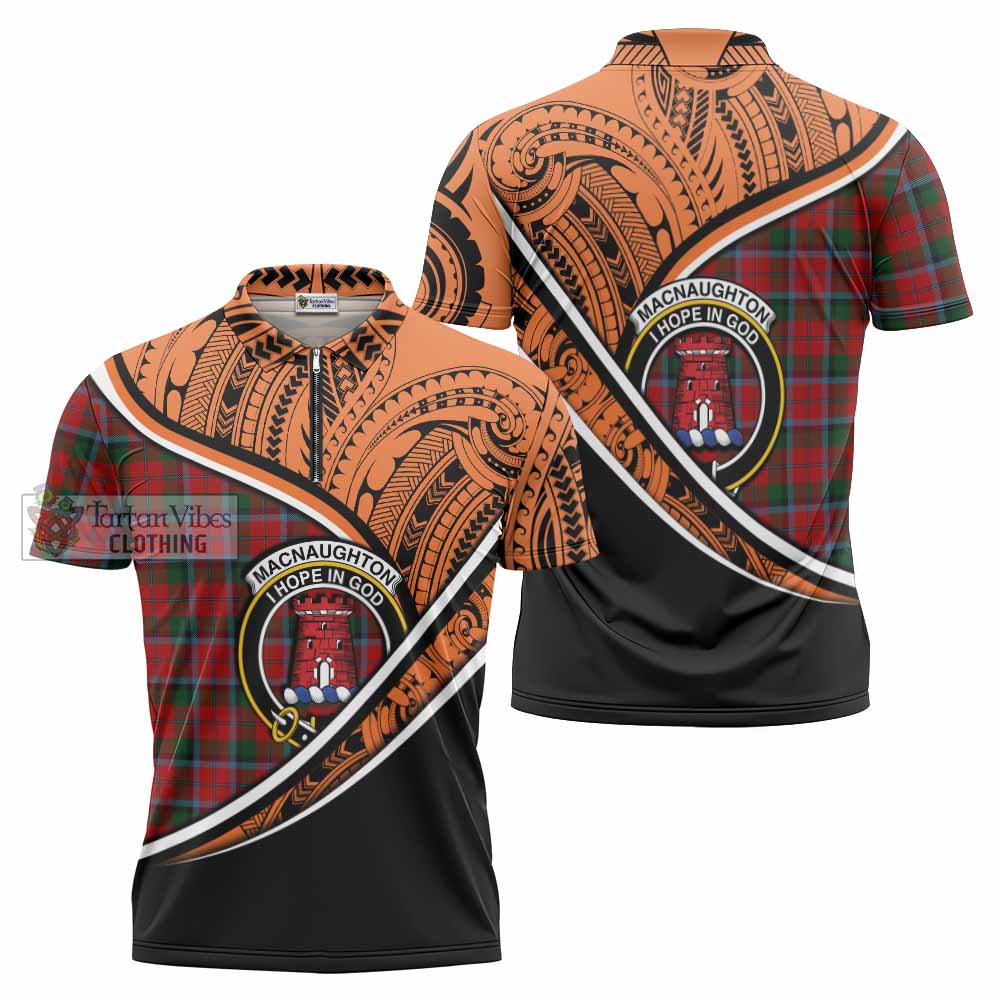 Tartan Vibes Clothing MacNaughton (McNaughton) Crest Tartan Zipper Polo Shirt with Maori Tattoo Style - Orange Version