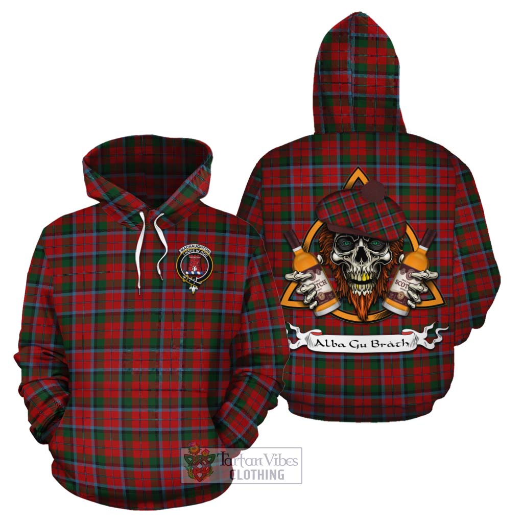 Tartan Vibes Clothing MacNaughton (McNaughton) Tartan Cotton Hoodie with Family Crest and Bearded Skull Holding Bottles of Whiskey