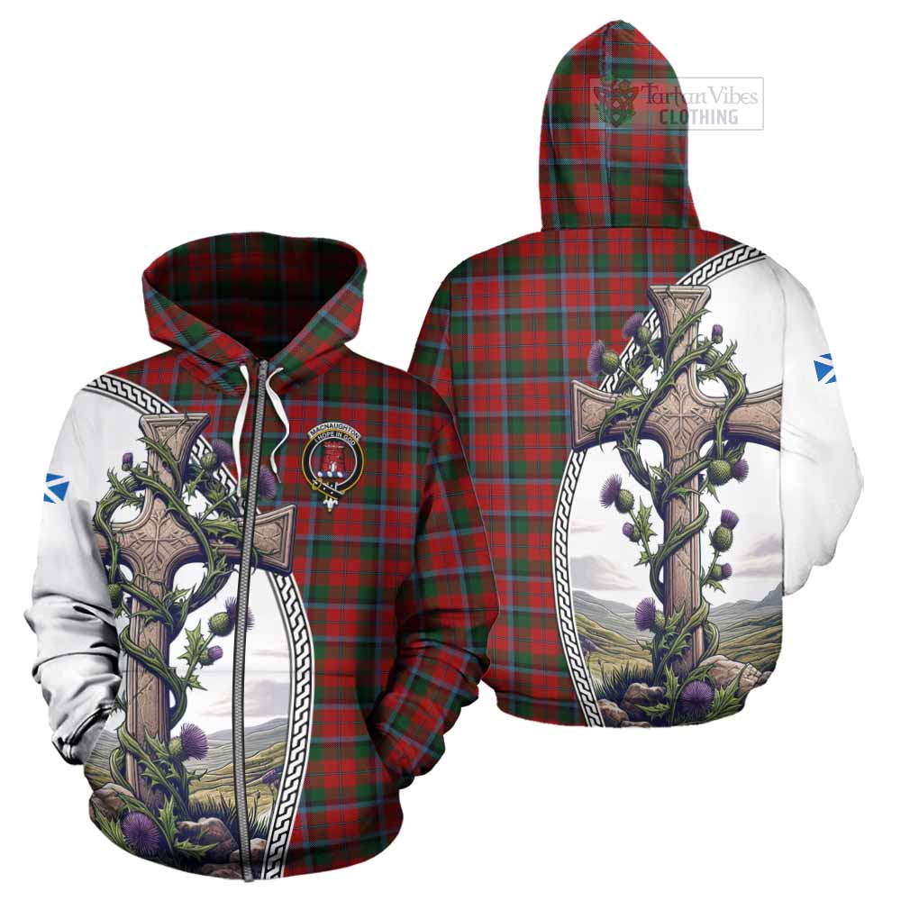 Tartan Vibes Clothing MacNaughton (McNaughton) Tartan Hoodie with Family Crest and St. Andrew's Cross Accented by Thistle Vines