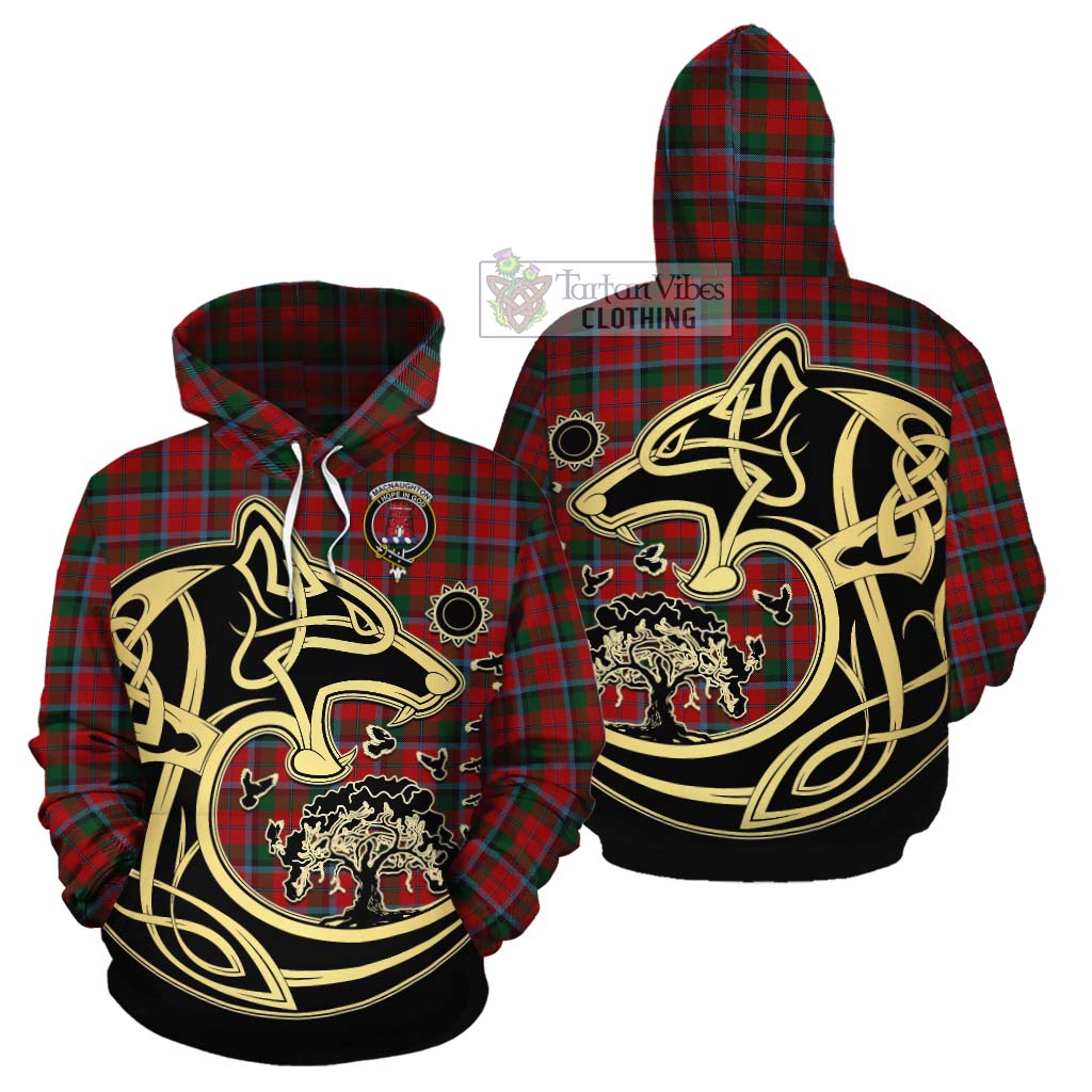 Tartan Vibes Clothing MacNaughton (McNaughton) Tartan Cotton Hoodie with Family Crest Celtic Wolf Style