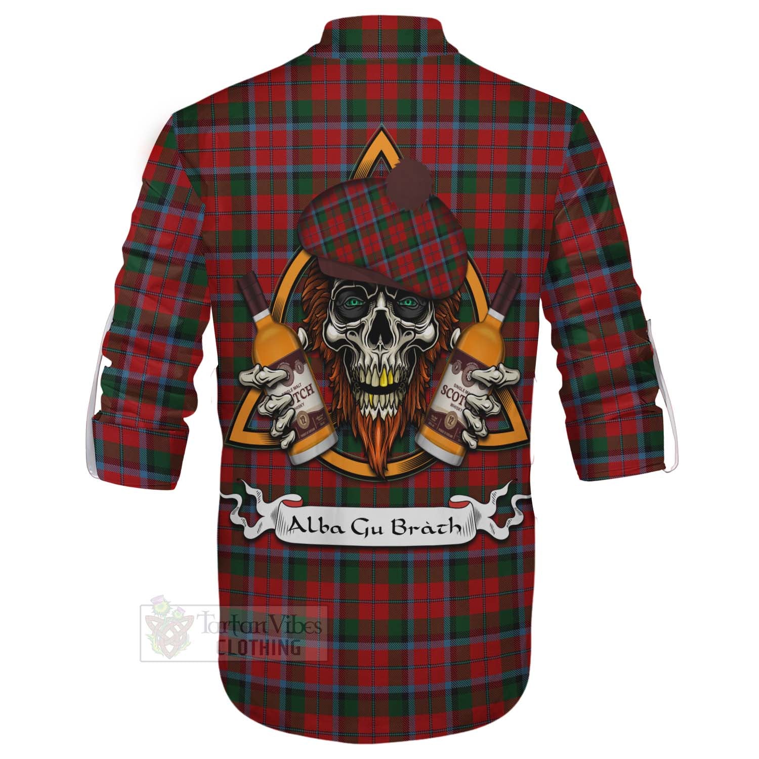 Tartan Vibes Clothing MacNaughton (McNaughton) Tartan Ghillie Kilt Shirt with Family Crest and Bearded Skull Holding Bottles of Whiskey