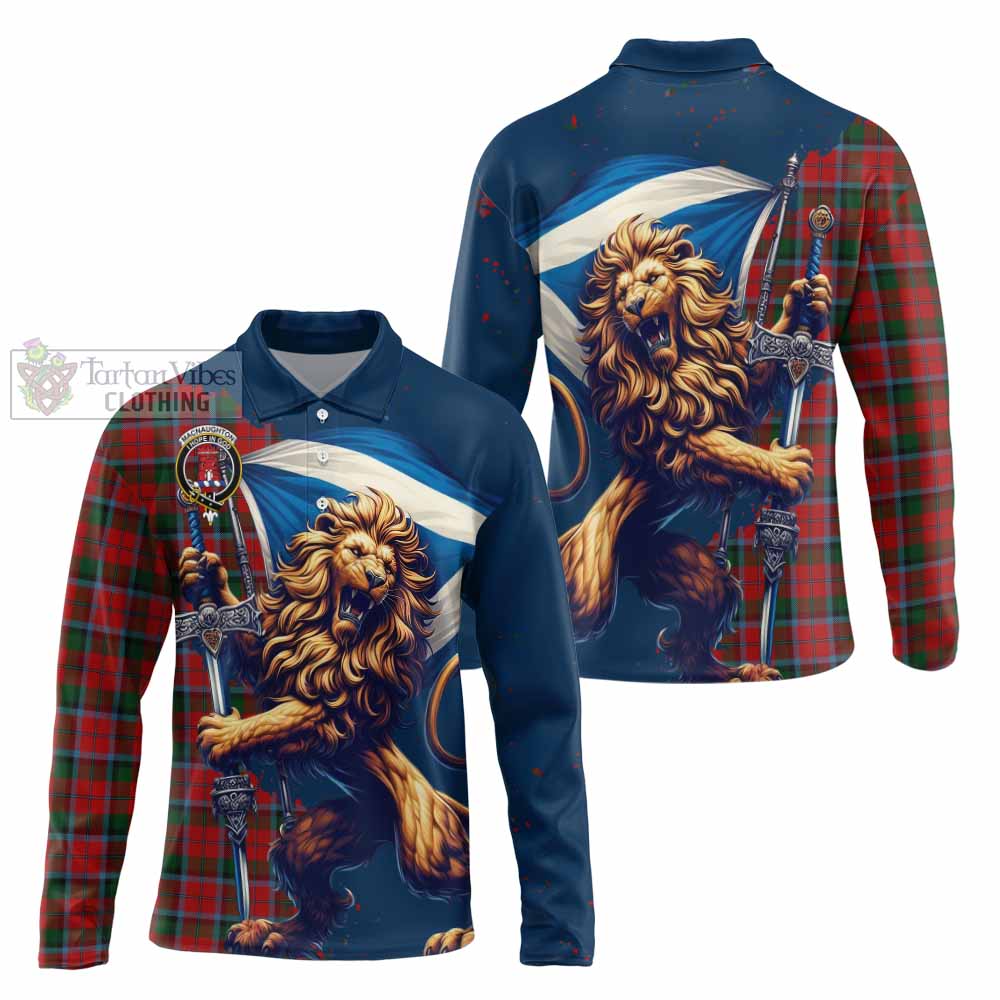 Tartan Vibes Clothing MacNaughton (McNaughton) Tartan Family Crest Long Sleeve Polo Shirt with Scottish Majestic Lion