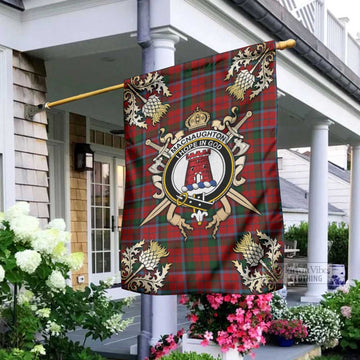 MacNaughton (McNaughton) Tartan Garden Flag with Family Crest and Golden Thistle Crossed Sword Design - Tartan Vibes Clothing