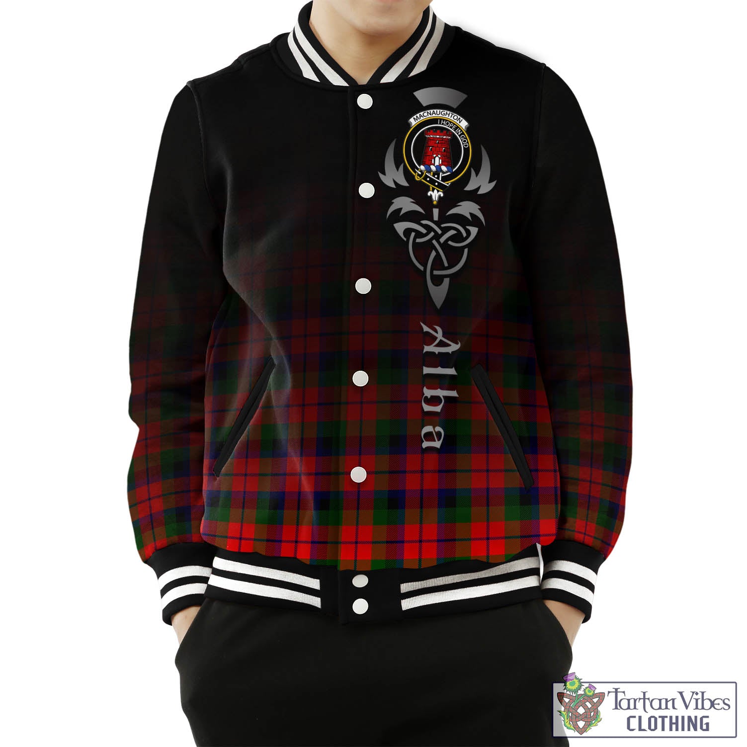 Tartan Vibes Clothing MacNaughton Modern Tartan Baseball Jacket Featuring Alba Gu Brath Family Crest Celtic Inspired