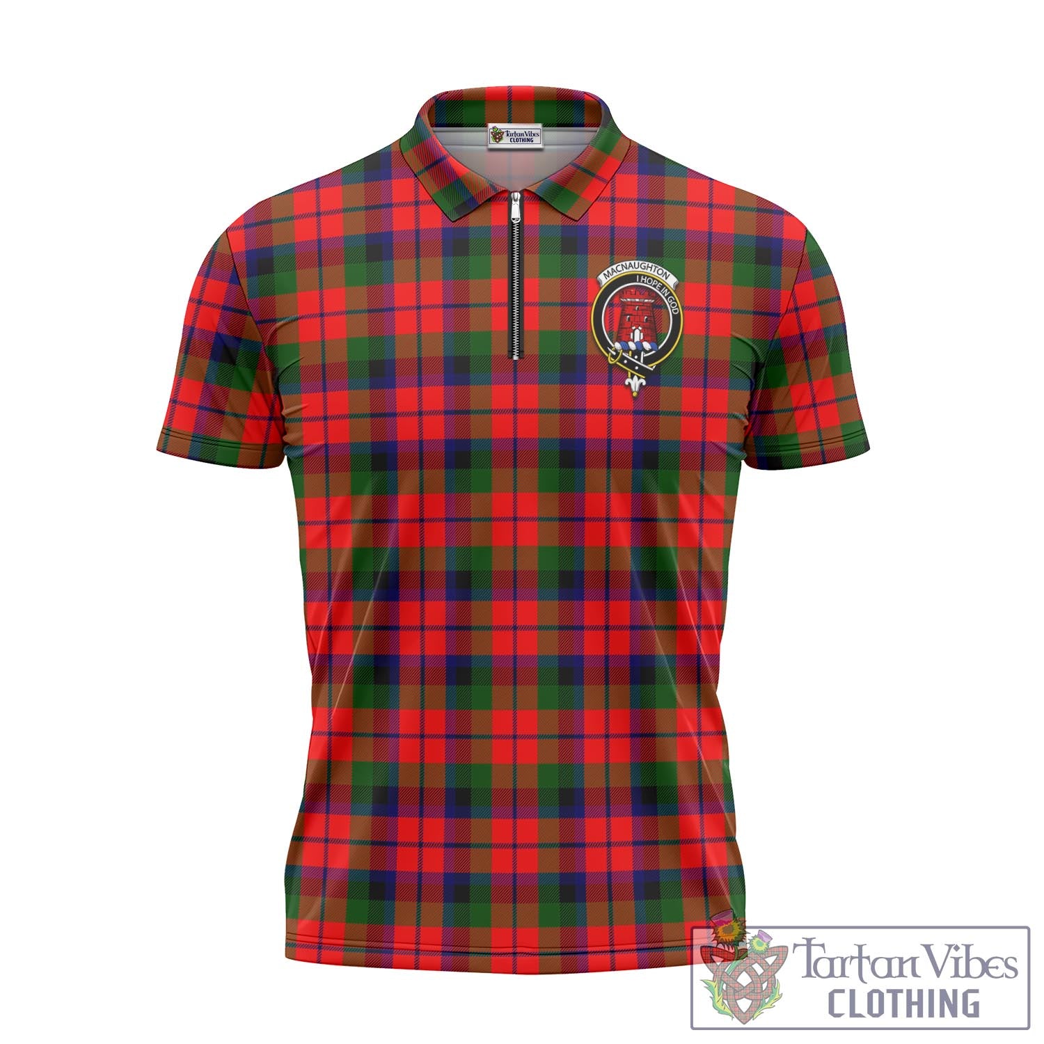 Tartan Vibes Clothing MacNaughton Modern Tartan Zipper Polo Shirt with Family Crest