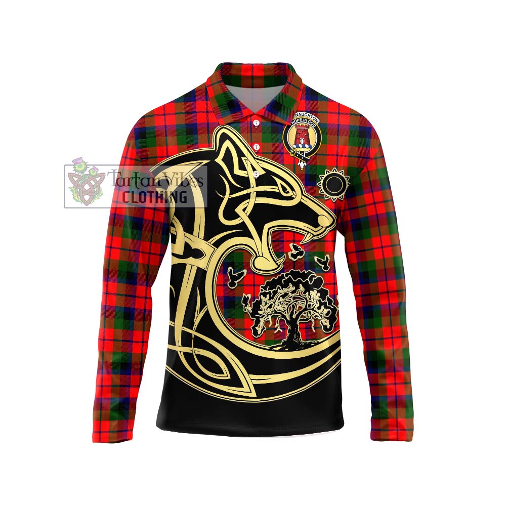 MacNaughton Modern Tartan Long Sleeve Polo Shirt with Family Crest Celtic Wolf Style Unisex - Tartanvibesclothing Shop