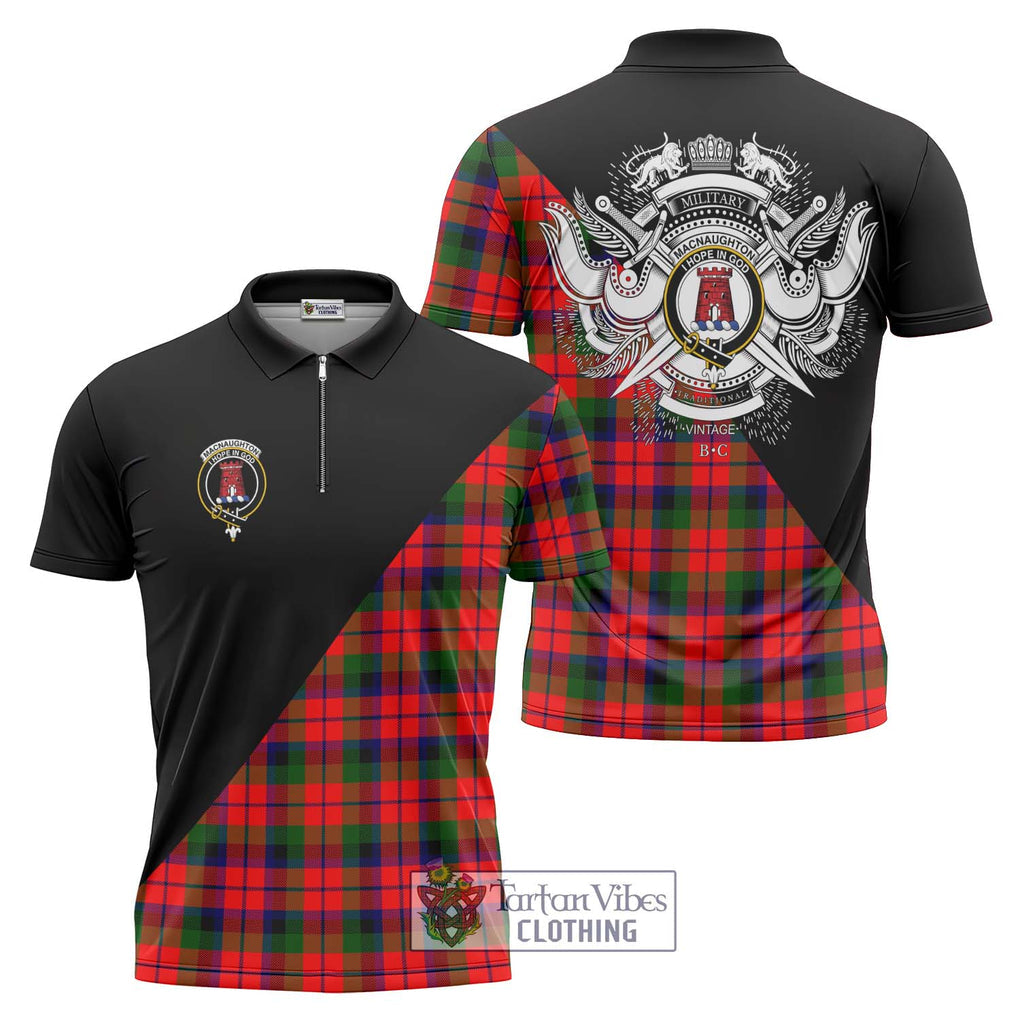 MacNaughton Modern Tartan Zipper Polo Shirt with Family Crest and Military Logo Style Unisex - Tartanvibesclothing Shop