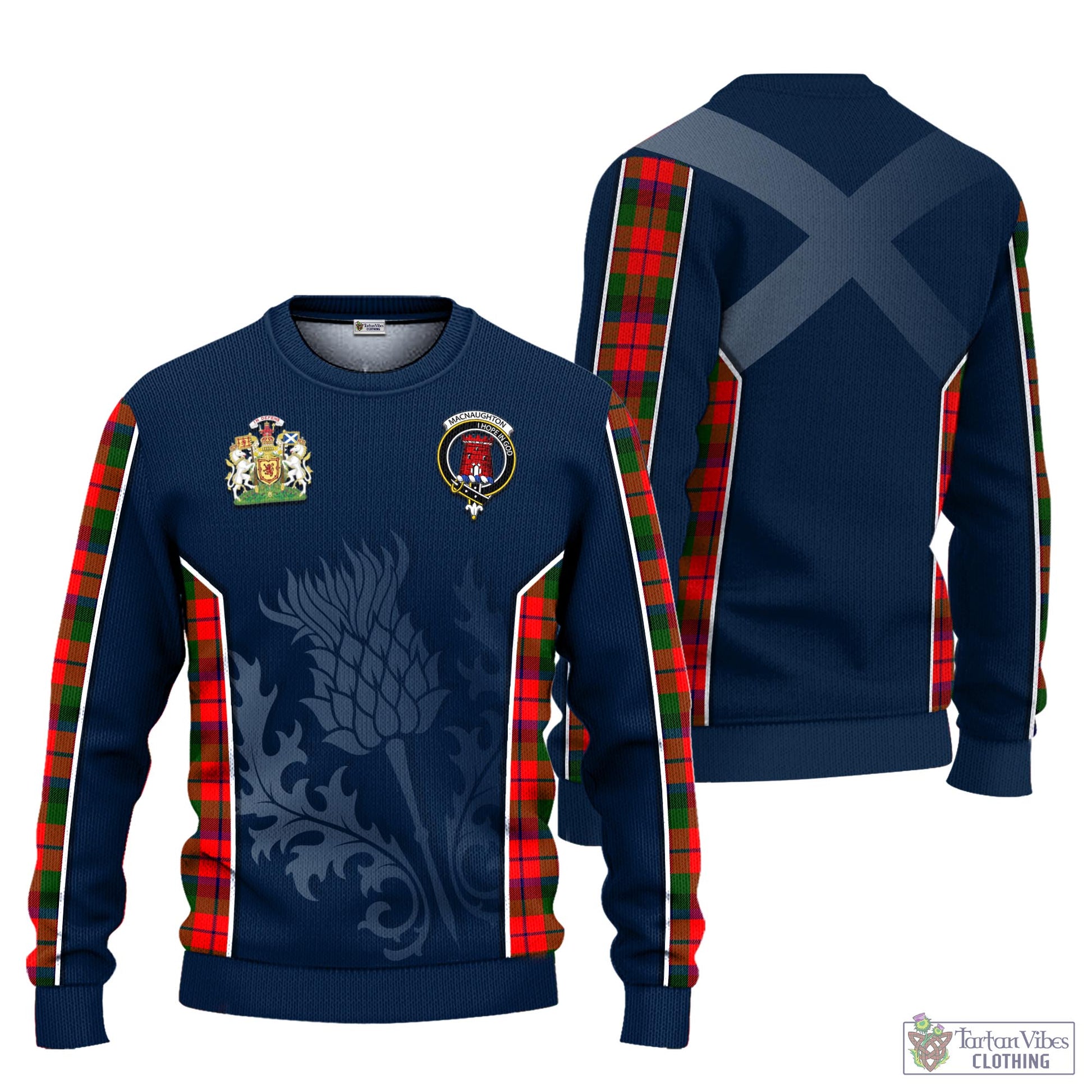 Tartan Vibes Clothing MacNaughton Modern Tartan Knitted Sweatshirt with Family Crest and Scottish Thistle Vibes Sport Style