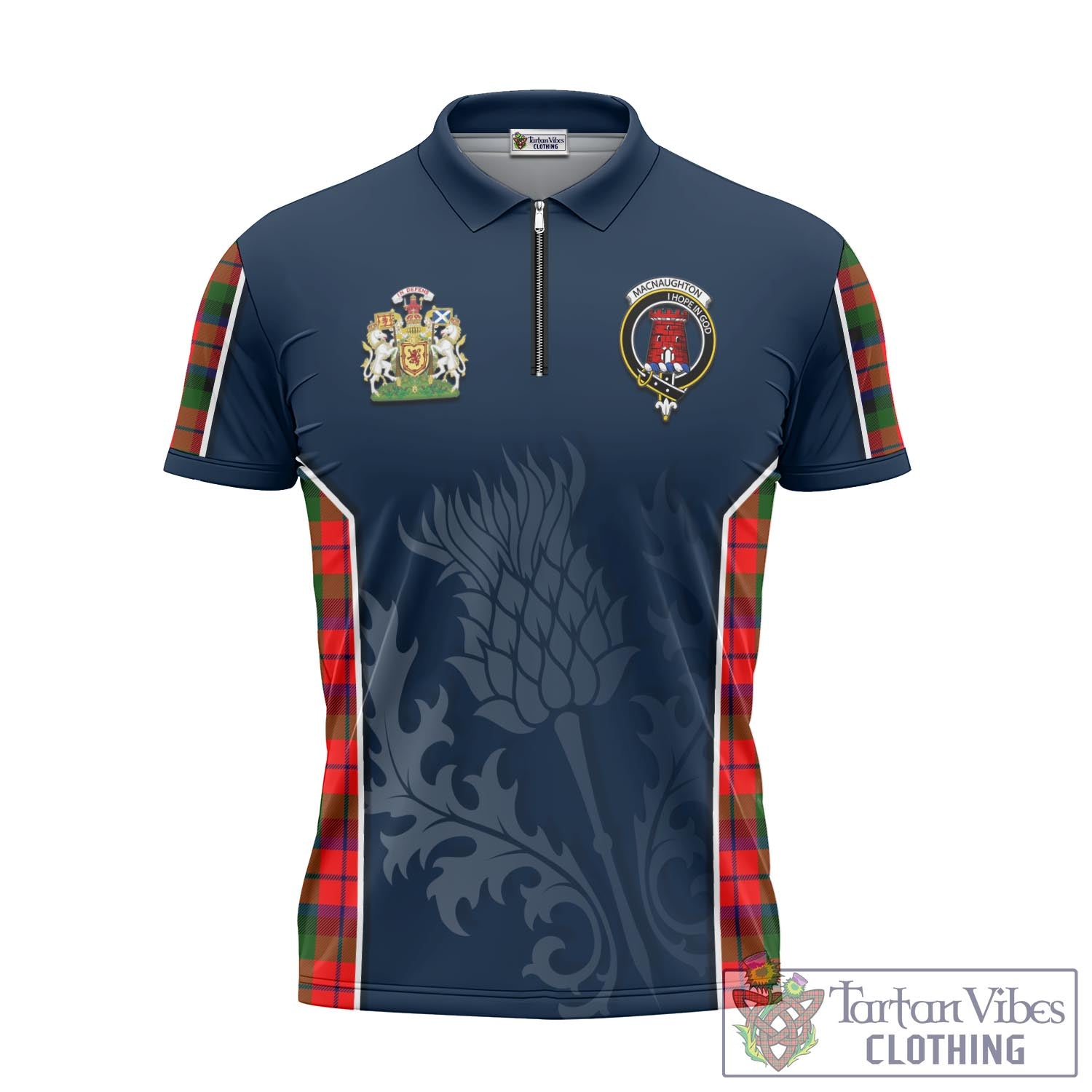 Tartan Vibes Clothing MacNaughton Modern Tartan Zipper Polo Shirt with Family Crest and Scottish Thistle Vibes Sport Style