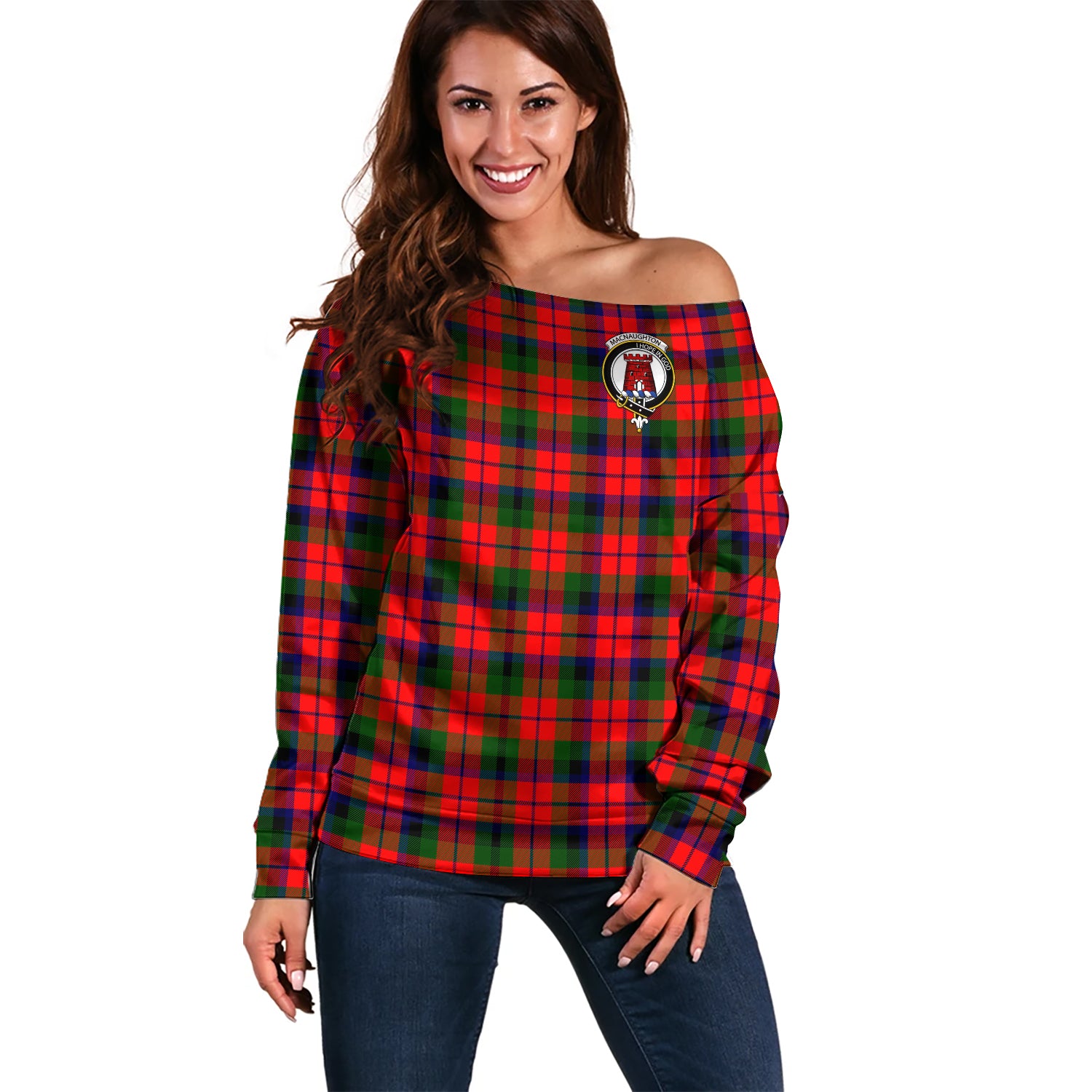 MacNaughton Modern Tartan Off Shoulder Women Sweater with Family Crest Women - Tartanvibesclothing