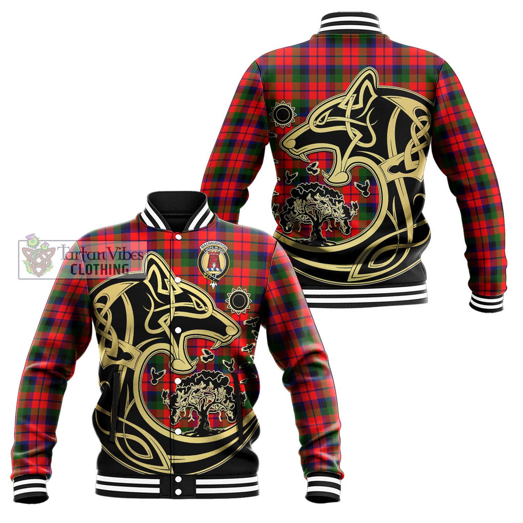 MacNaughton Modern Tartan Baseball Jacket with Family Crest Celtic Wolf Style Unisex - Tartan Vibes Clothing