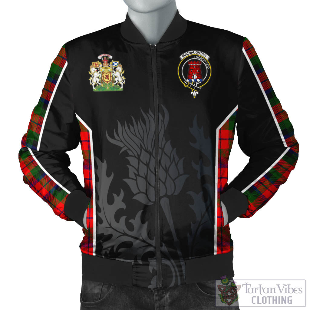 Tartan Vibes Clothing MacNaughton Modern Tartan Bomber Jacket with Family Crest and Scottish Thistle Vibes Sport Style