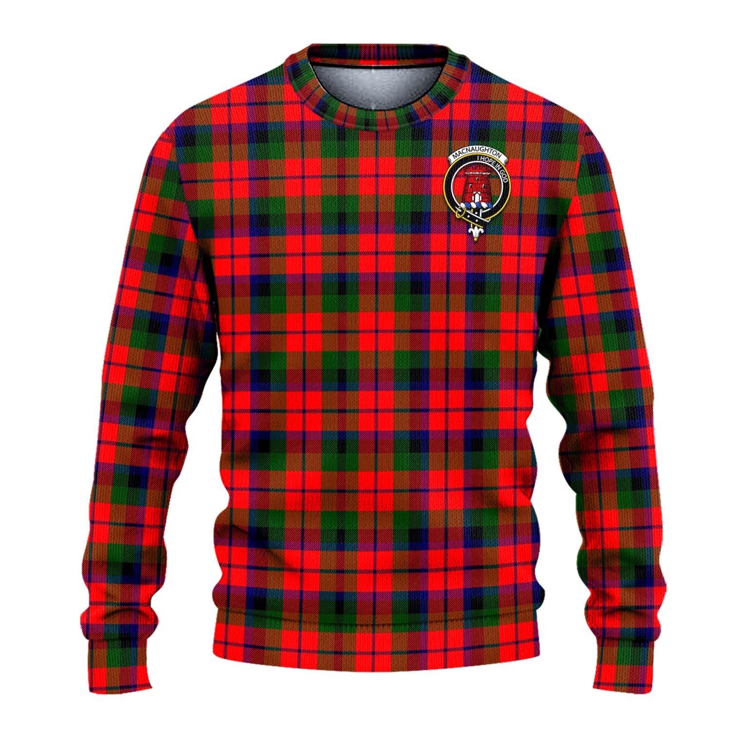 MacNaughton Modern Tartan Knitted Sweater with Family Crest - Tartanvibesclothing