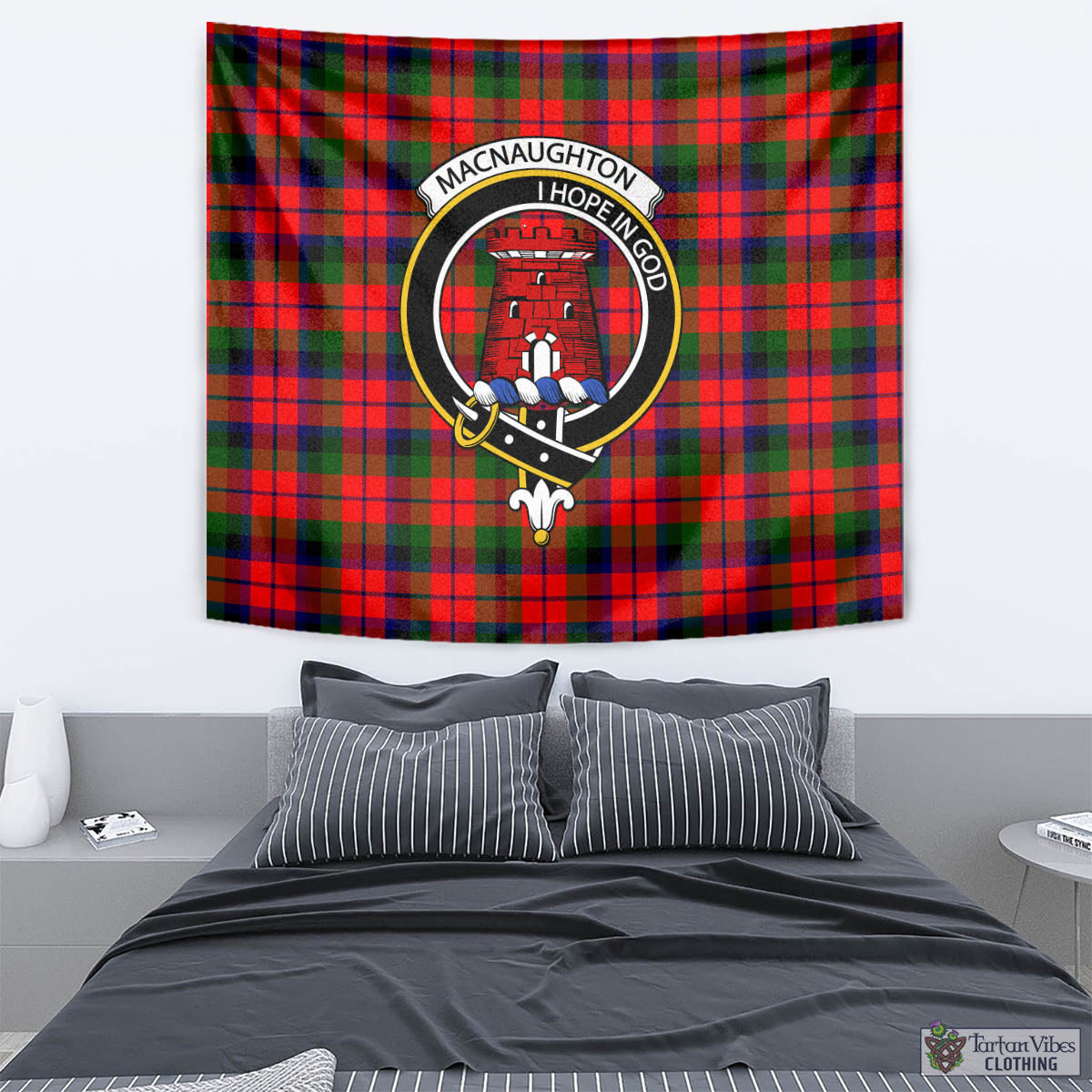 Tartan Vibes Clothing MacNaughton Modern Tartan Tapestry Wall Hanging and Home Decor for Room with Family Crest