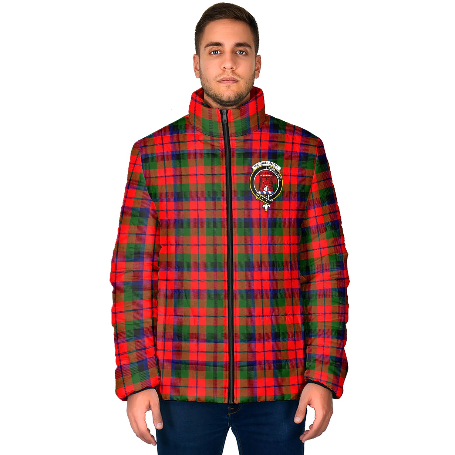 MacNaughton Modern Tartan Padded Jacket with Family Crest - Tartan Vibes Clothing