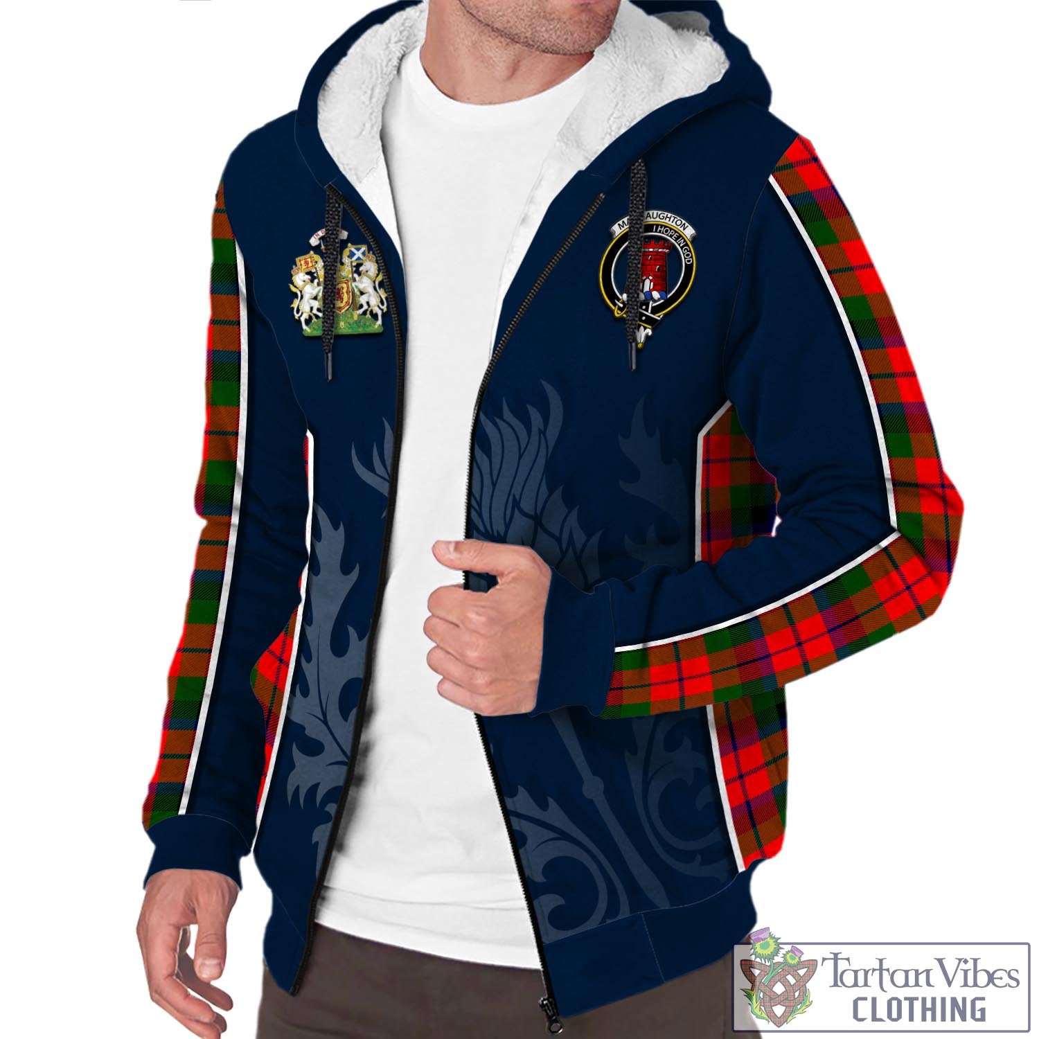 Tartan Vibes Clothing MacNaughton Modern Tartan Sherpa Hoodie with Family Crest and Scottish Thistle Vibes Sport Style