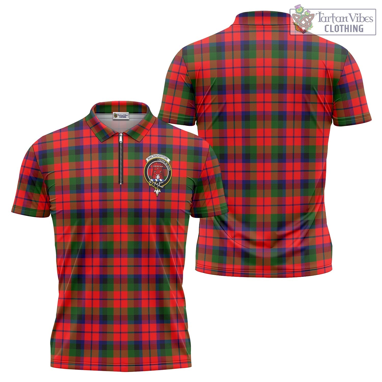 Tartan Vibes Clothing MacNaughton Modern Tartan Zipper Polo Shirt with Family Crest