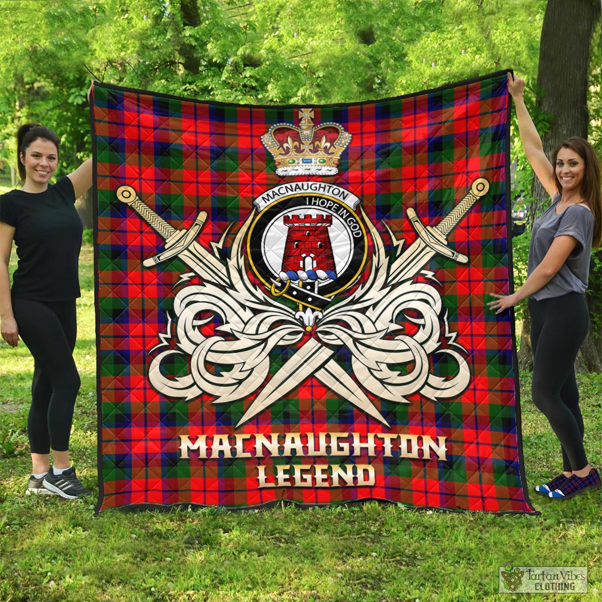 Tartan Vibes Clothing MacNaughton Modern Tartan Quilt with Clan Crest and the Golden Sword of Courageous Legacy