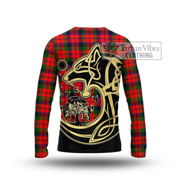 MacNaughton Modern Tartan Long Sleeve T-Shirt with Family Crest Celtic Wolf Style