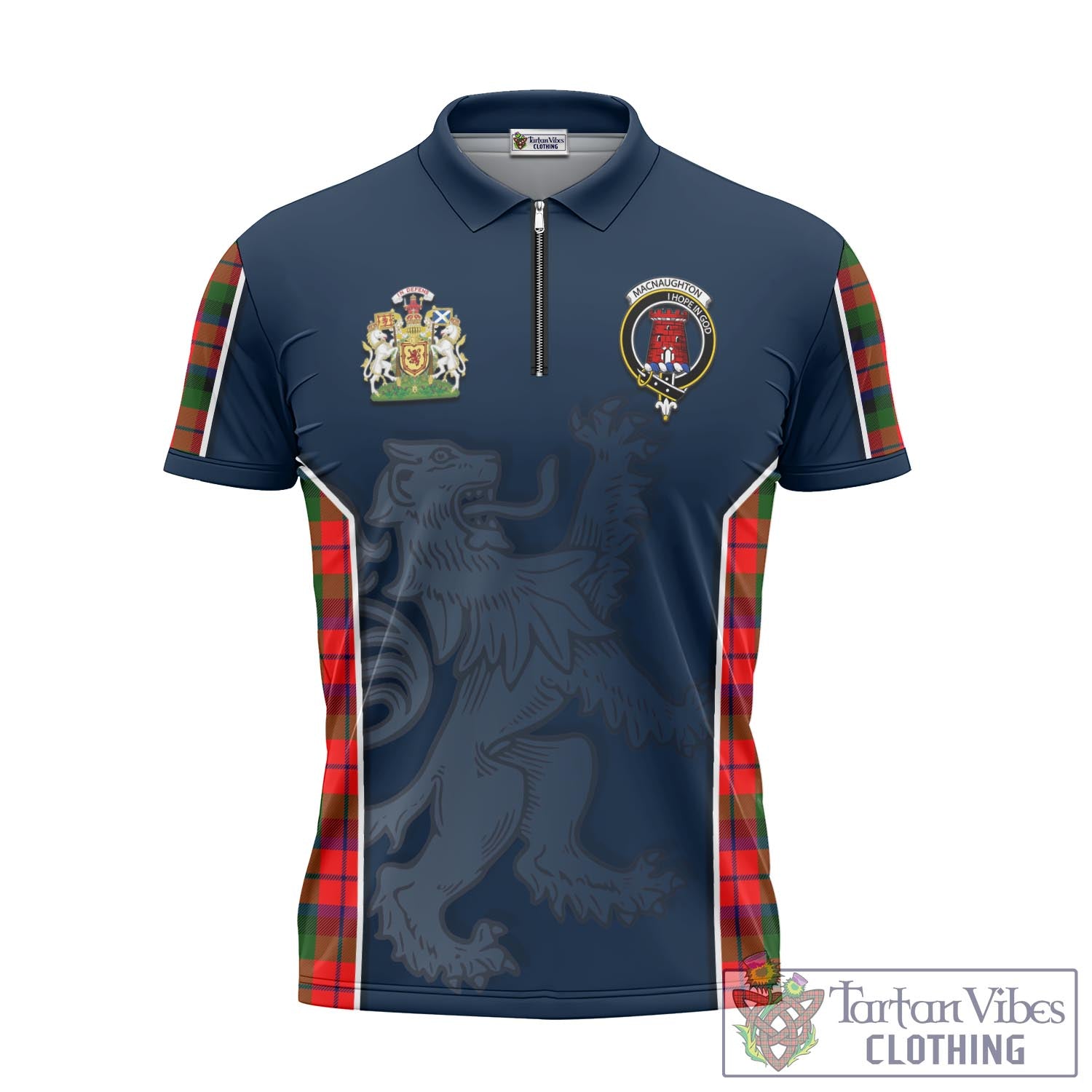 Tartan Vibes Clothing MacNaughton Modern Tartan Zipper Polo Shirt with Family Crest and Lion Rampant Vibes Sport Style