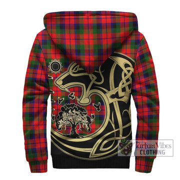 MacNaughton Modern Tartan Sherpa Hoodie with Family Crest Celtic Wolf Style