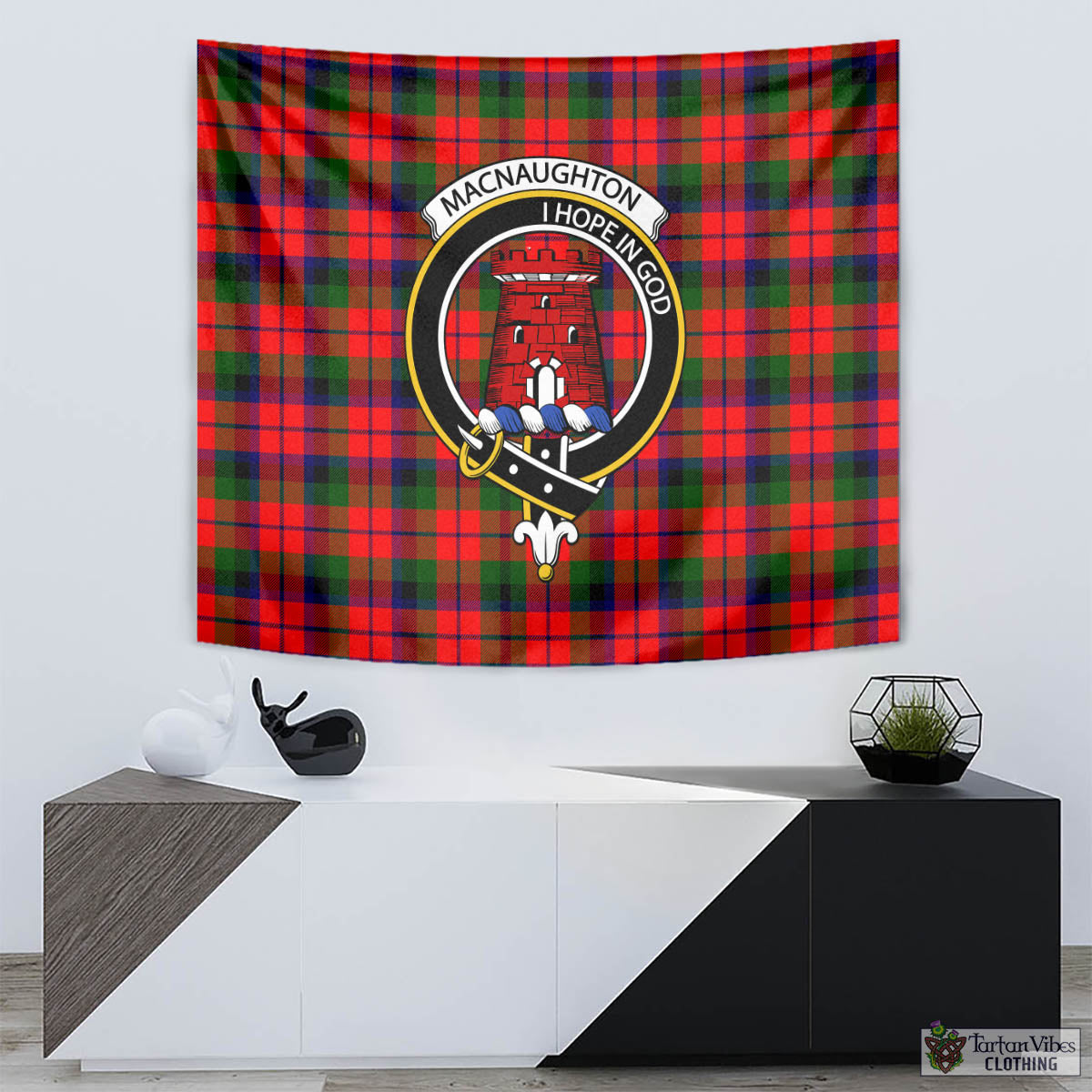 Tartan Vibes Clothing MacNaughton Modern Tartan Tapestry Wall Hanging and Home Decor for Room with Family Crest