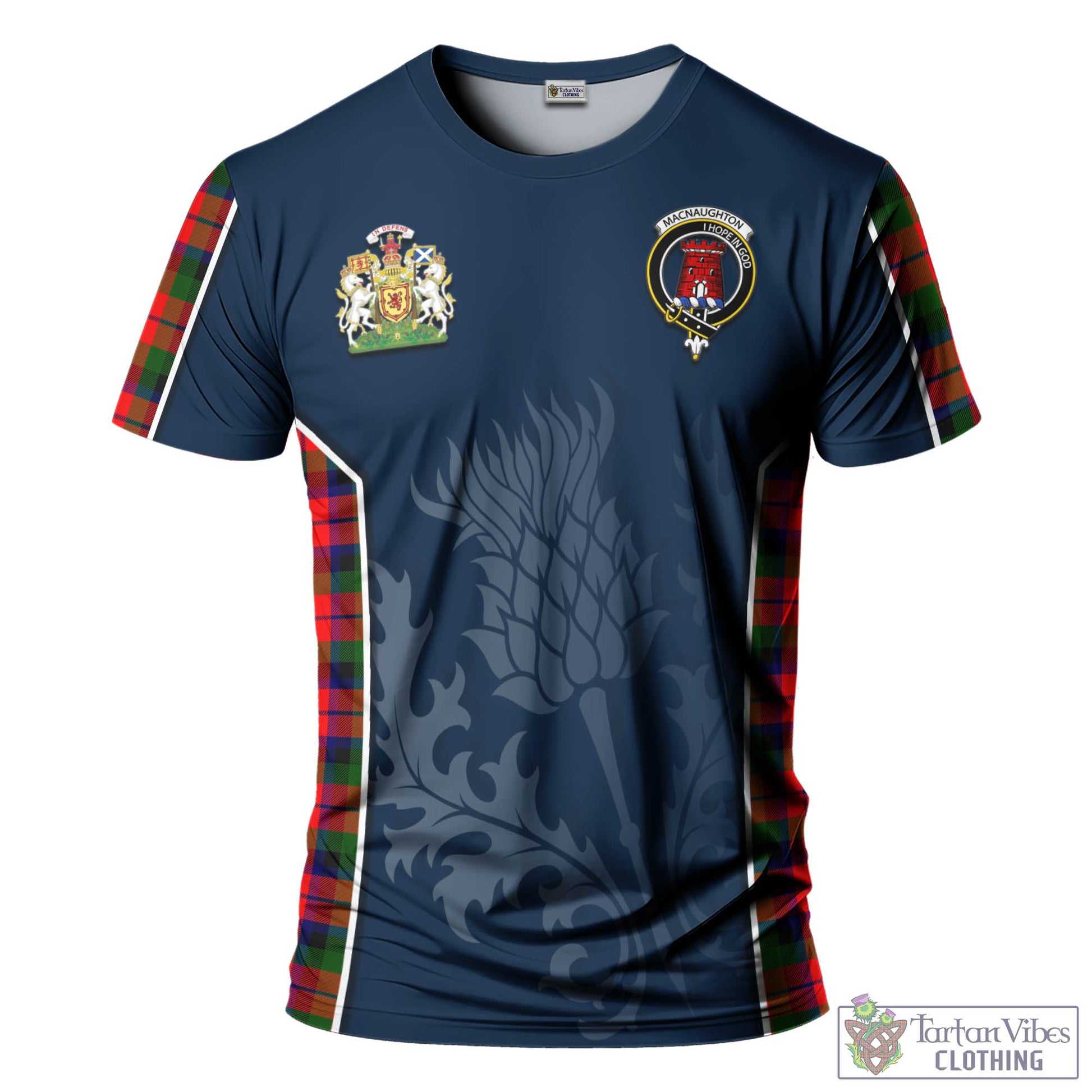 Tartan Vibes Clothing MacNaughton Modern Tartan T-Shirt with Family Crest and Scottish Thistle Vibes Sport Style