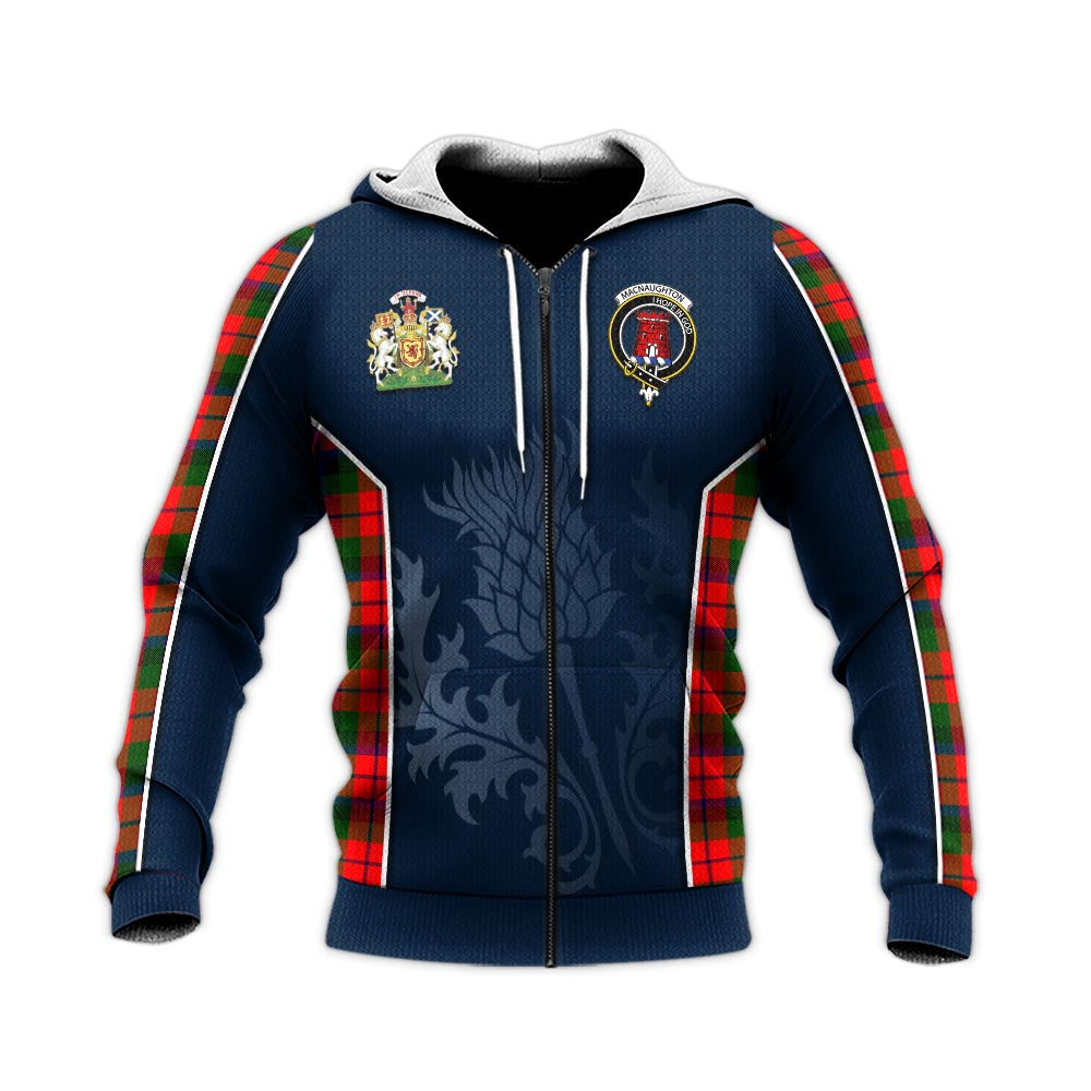 Tartan Vibes Clothing MacNaughton Modern Tartan Knitted Hoodie with Family Crest and Scottish Thistle Vibes Sport Style