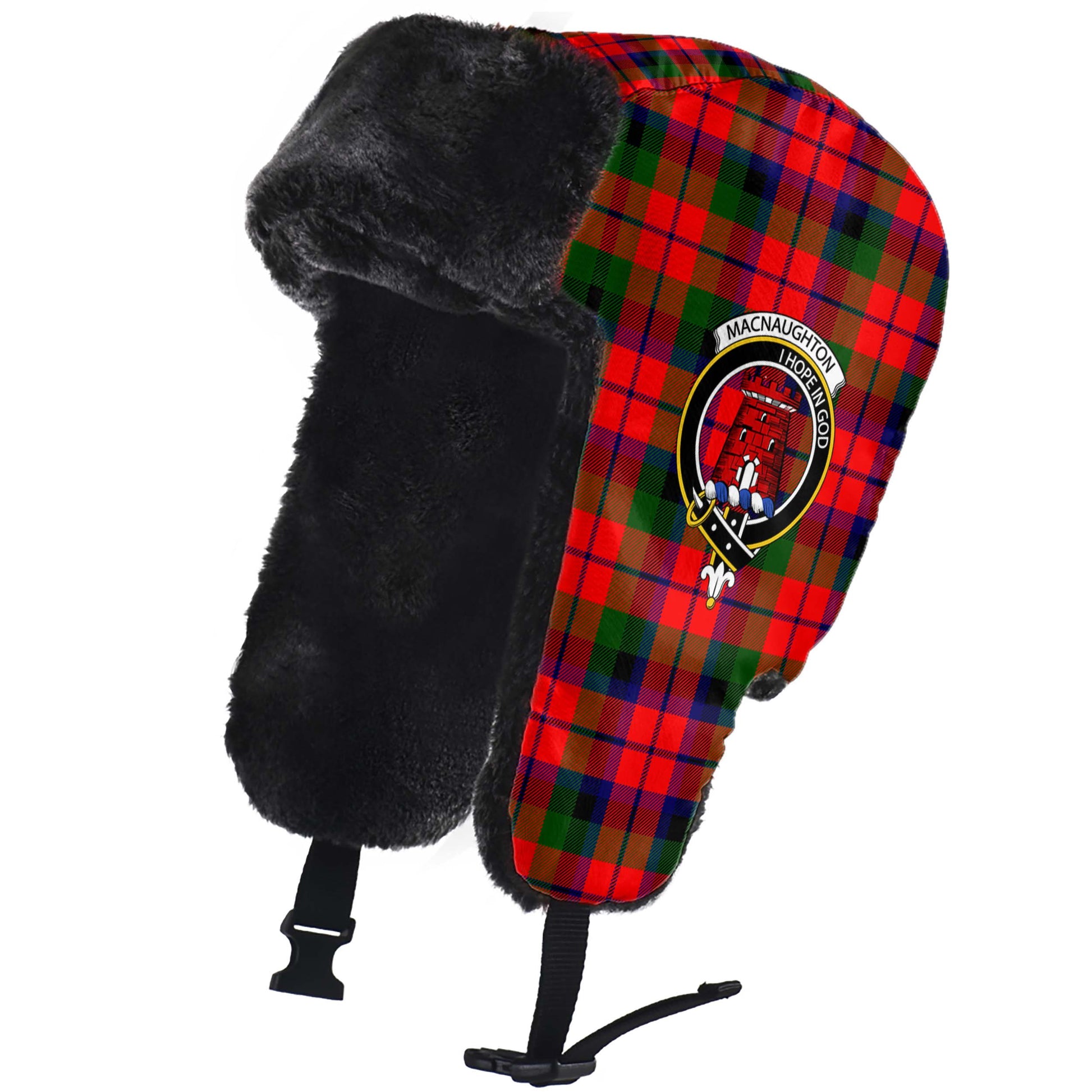 MacNaughton Modern Tartan Winter Trapper Hat with Family Crest - Tartanvibesclothing