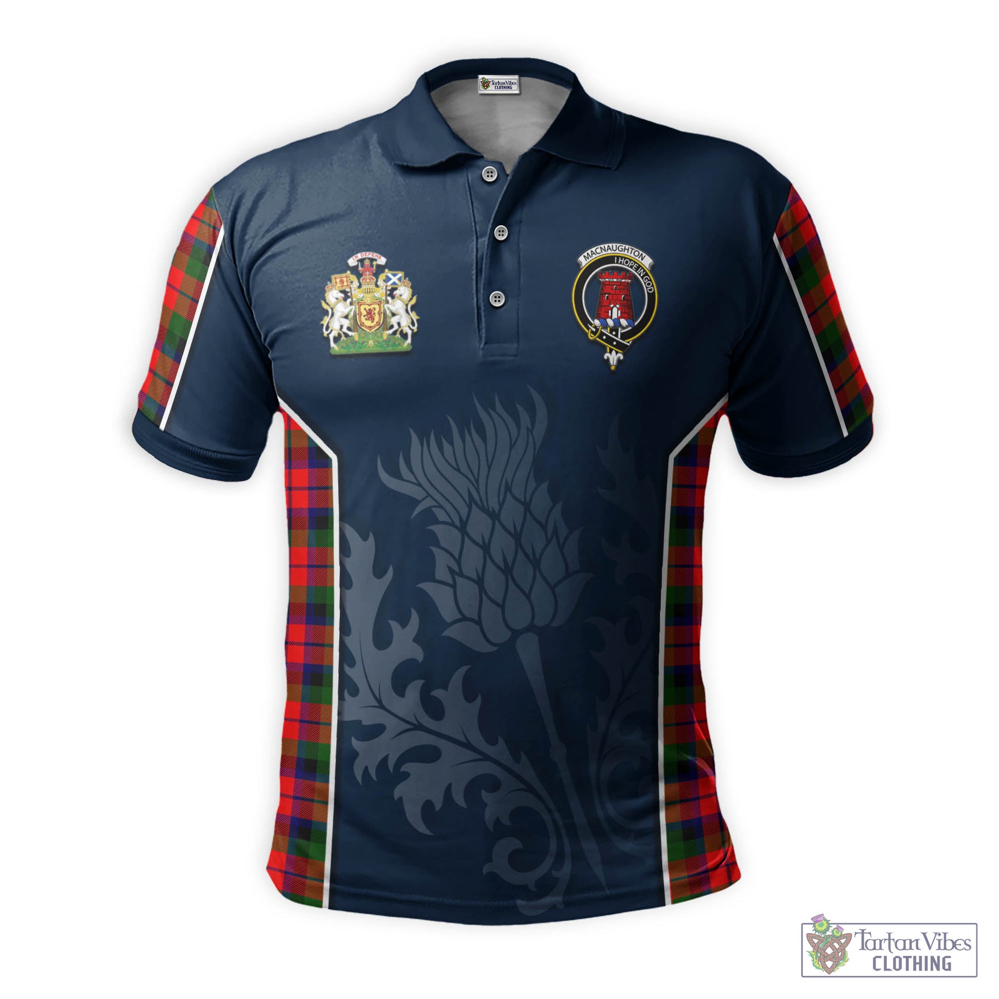 Tartan Vibes Clothing MacNaughton Modern Tartan Men's Polo Shirt with Family Crest and Scottish Thistle Vibes Sport Style