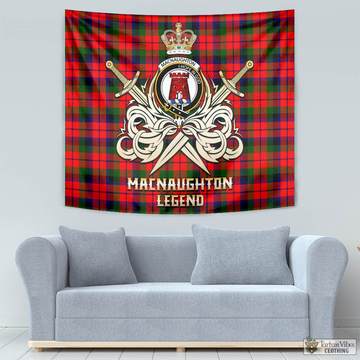 Tartan Vibes Clothing MacNaughton Modern Tartan Tapestry with Clan Crest and the Golden Sword of Courageous Legacy