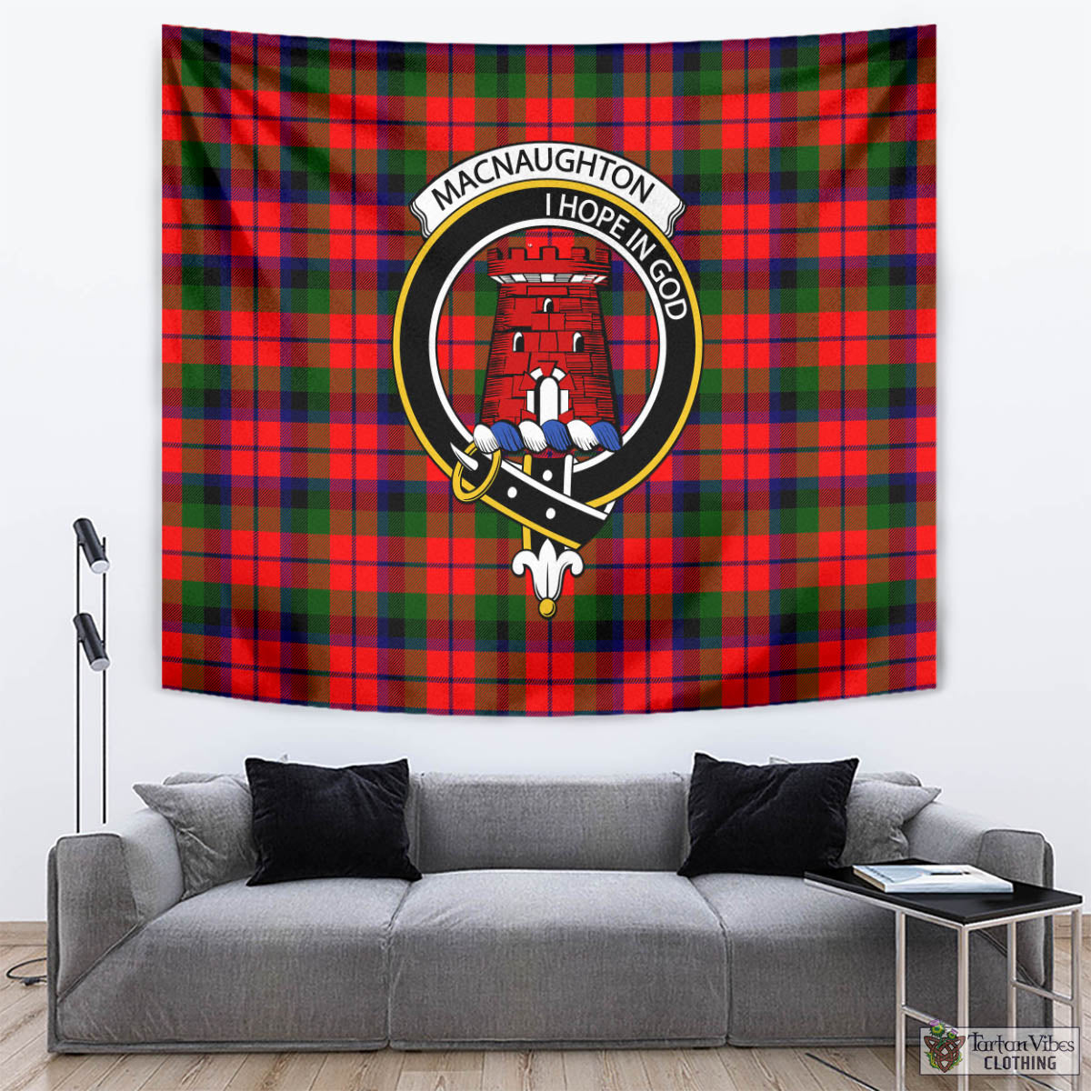 Tartan Vibes Clothing MacNaughton Modern Tartan Tapestry Wall Hanging and Home Decor for Room with Family Crest