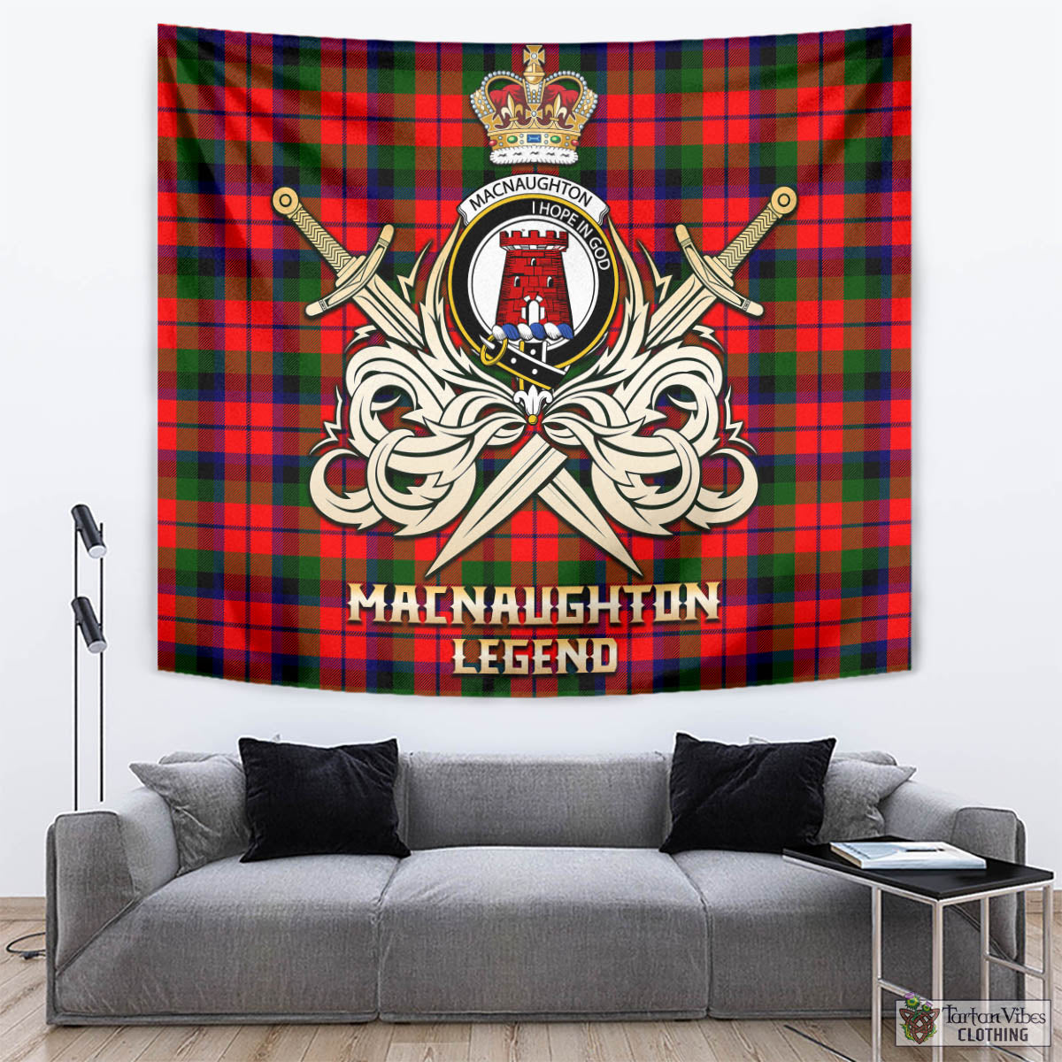 Tartan Vibes Clothing MacNaughton Modern Tartan Tapestry with Clan Crest and the Golden Sword of Courageous Legacy