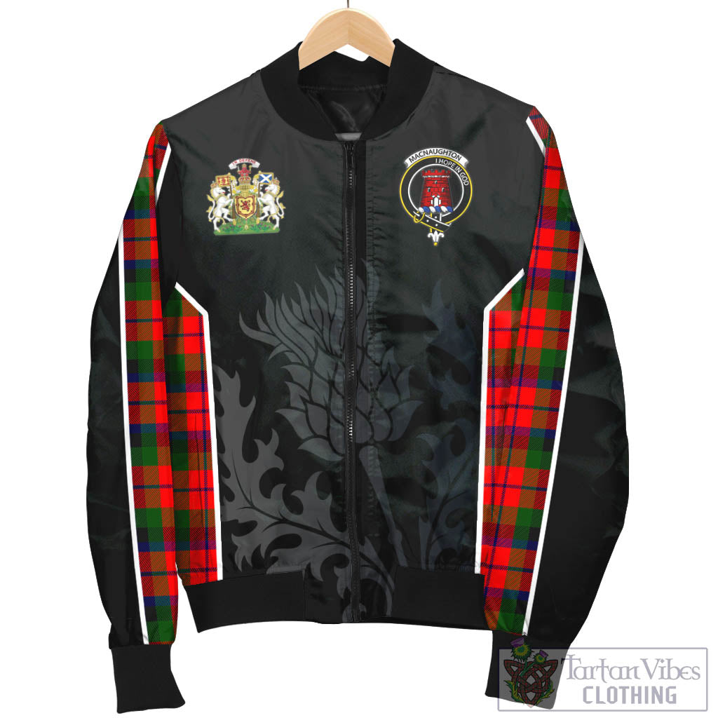 Tartan Vibes Clothing MacNaughton Modern Tartan Bomber Jacket with Family Crest and Scottish Thistle Vibes Sport Style