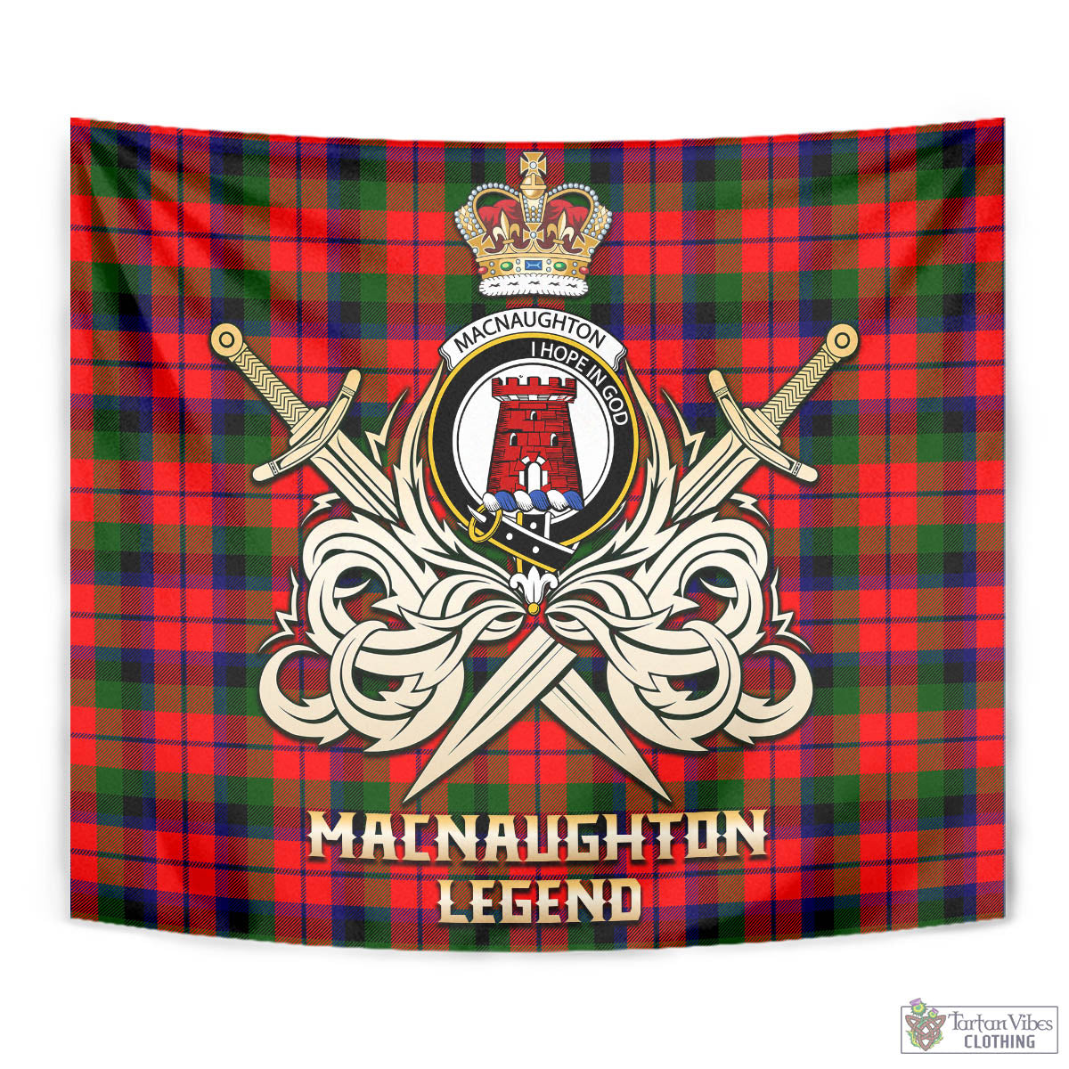 Tartan Vibes Clothing MacNaughton Modern Tartan Tapestry with Clan Crest and the Golden Sword of Courageous Legacy