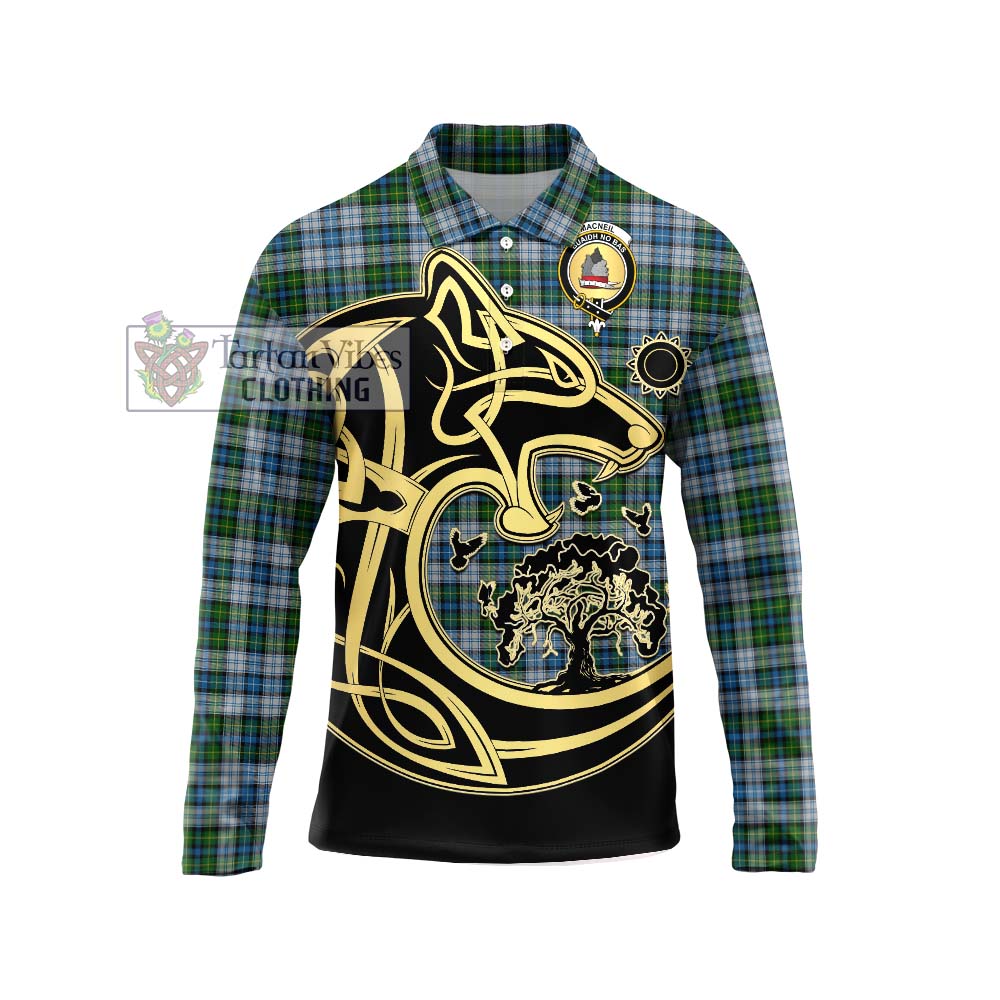 MacNeil (McNeil) Tartan Long Sleeve Polo Shirt with Family Crest Celtic Wolf Style Unisex - Tartanvibesclothing Shop