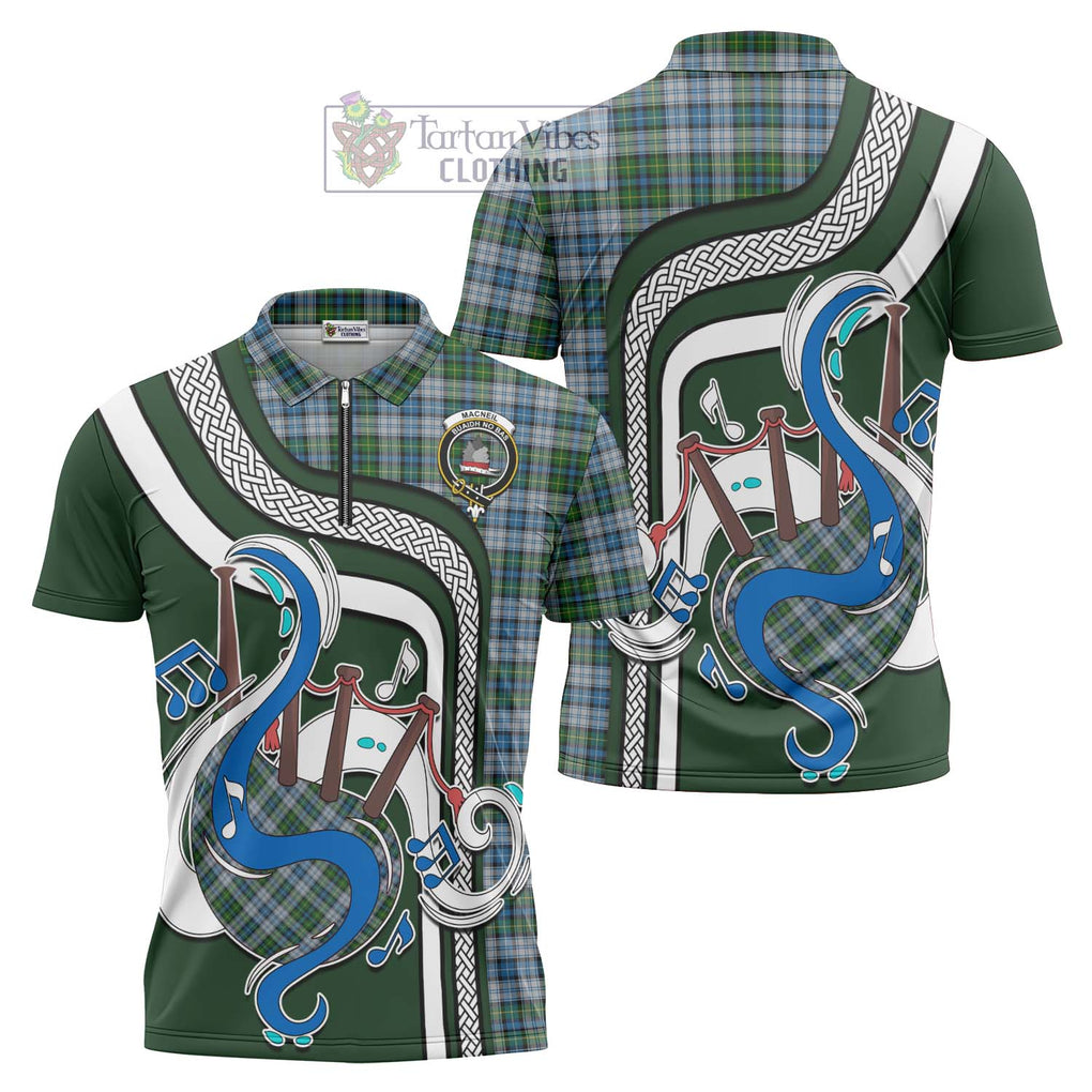 MacNeil (McNeil) Tartan Zipper Polo Shirt with Epic Bagpipe Style Unisex - Tartanvibesclothing Shop