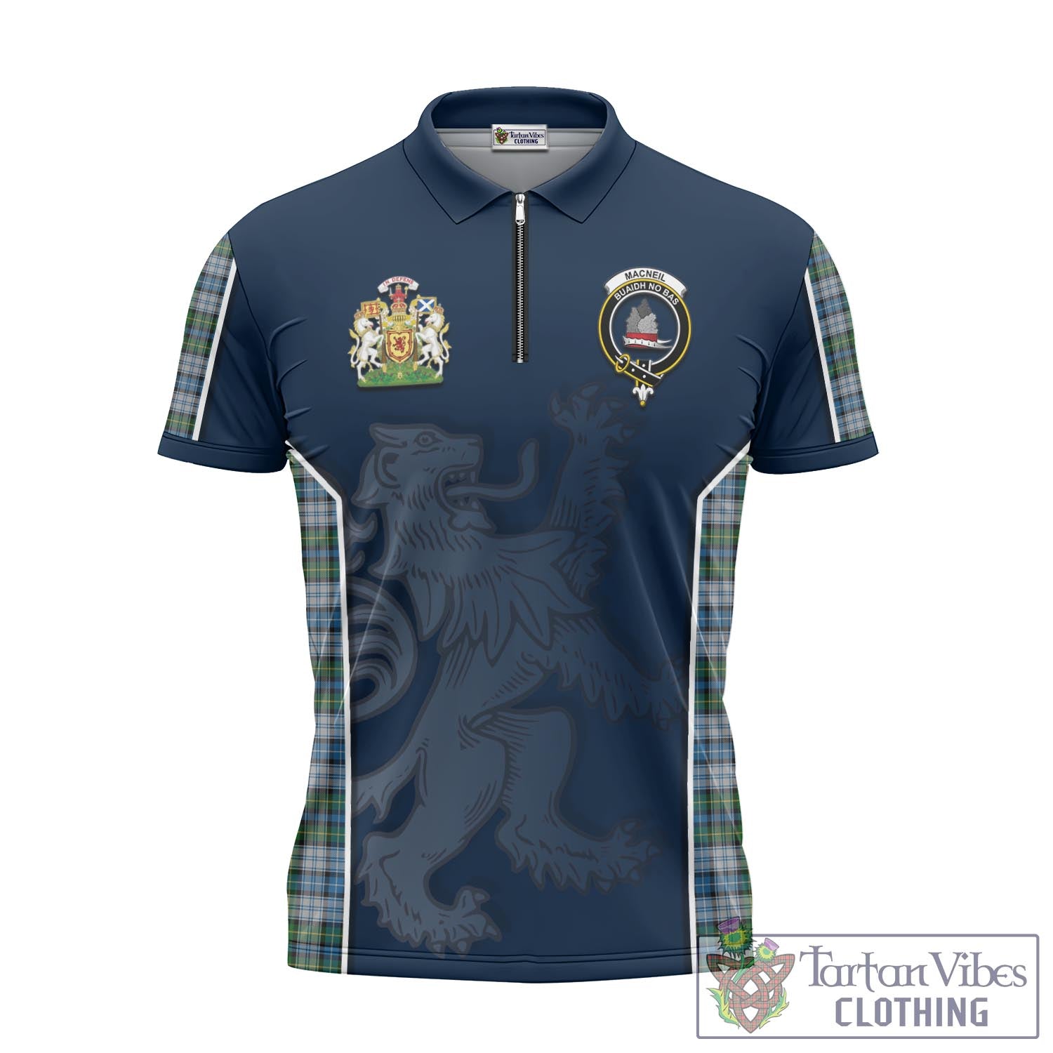 Tartan Vibes Clothing MacNeil Dress Tartan Zipper Polo Shirt with Family Crest and Lion Rampant Vibes Sport Style