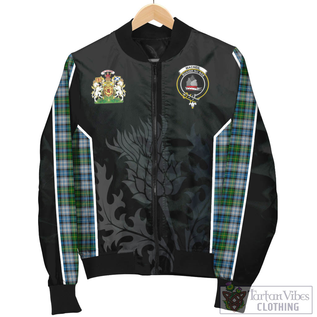 Tartan Vibes Clothing MacNeil Dress Tartan Bomber Jacket with Family Crest and Scottish Thistle Vibes Sport Style