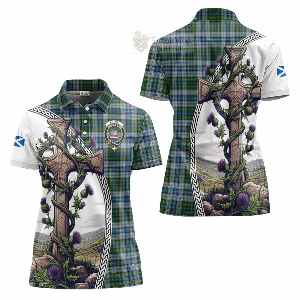 Tartan Vibes Clothing MacNeil (McNeil) Tartan Women's Polo Shirt with Family Crest and St. Andrew's Cross Accented by Thistle Vines