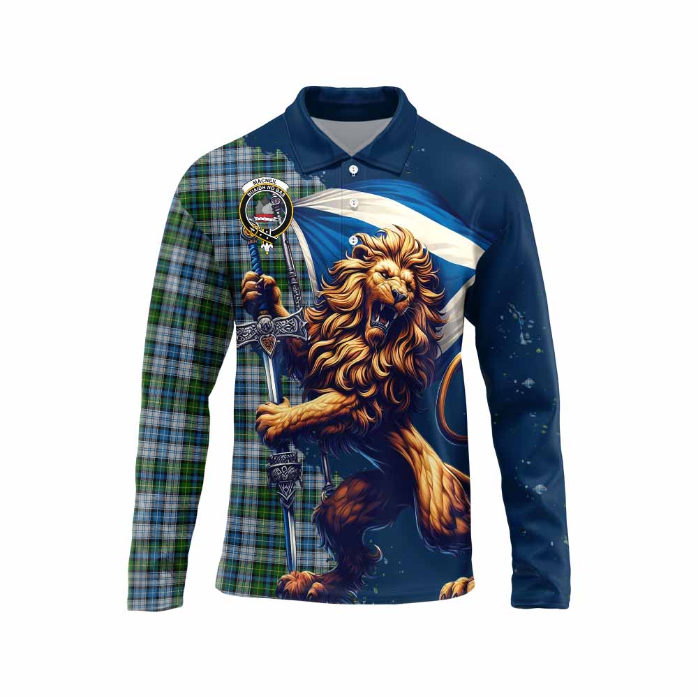 Tartan Vibes Clothing MacNeil (McNeil) Tartan Family Crest Long Sleeve Polo Shirt with Scottish Majestic Lion