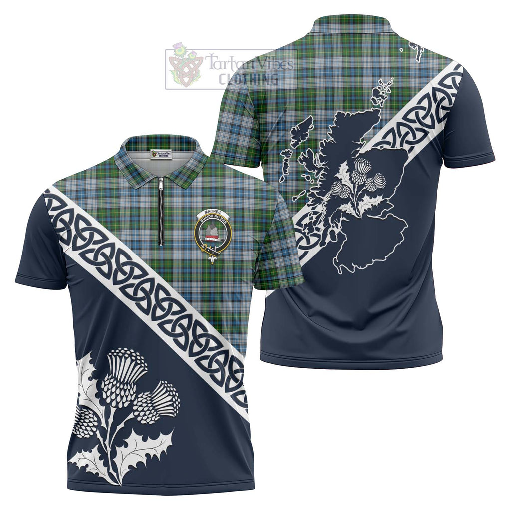 Tartan Vibes Clothing MacNeil (McNeil) Tartan Zipper Polo Shirt Featuring Thistle and Scotland Map