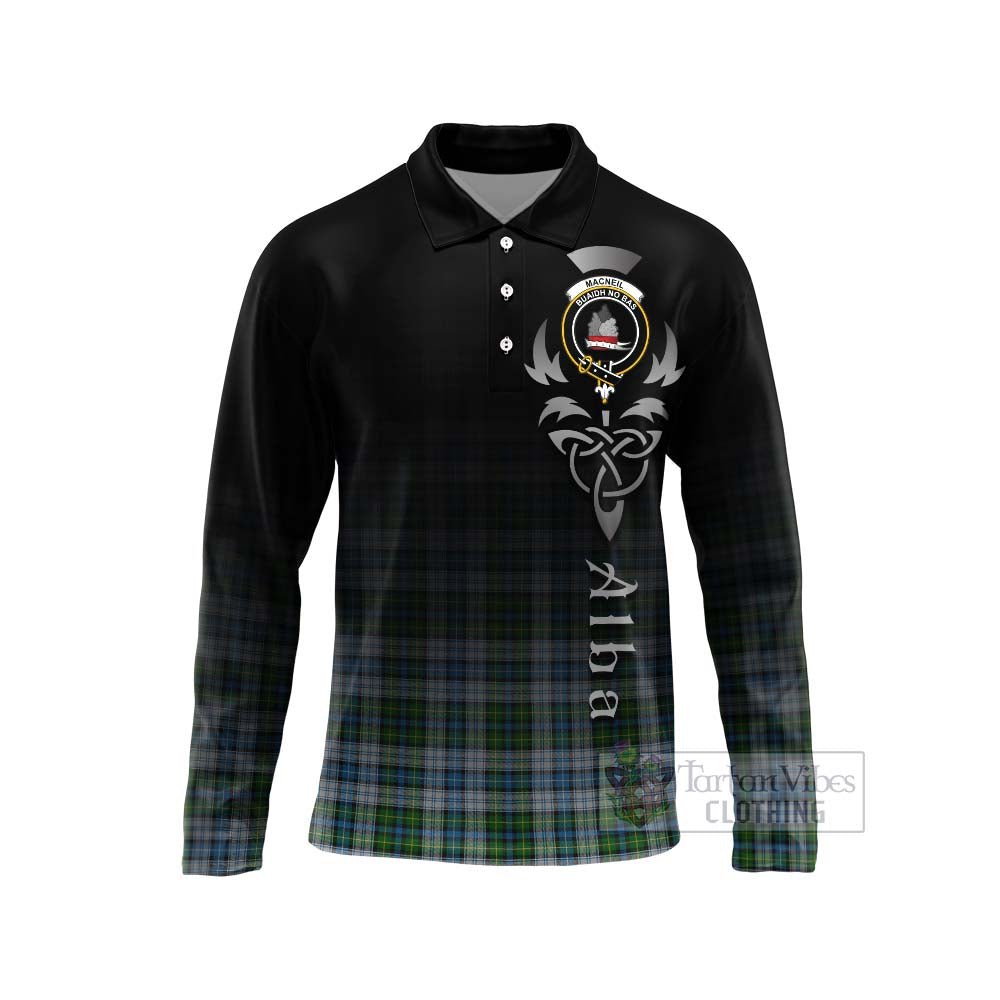 Tartan Vibes Clothing MacNeil (McNeil) Tartan Long Sleeve Polo Shirt Featuring Alba Gu Brath Family Crest Celtic Inspired