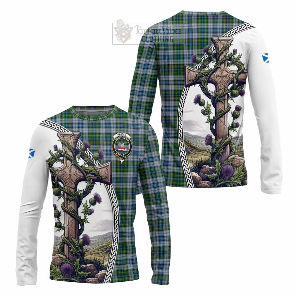 Tartan Vibes Clothing MacNeil (McNeil) Tartan Long Sleeve T-Shirt with Family Crest and St. Andrew's Cross Accented by Thistle Vines