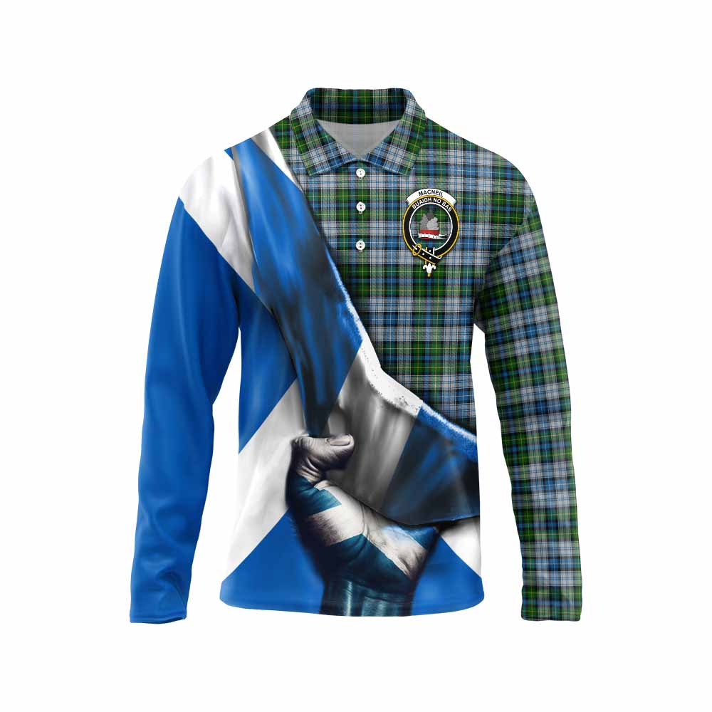 Tartan Vibes Clothing MacNeil (McNeil) Tartan Long Sleeve Polo Shirt with Family Crest Scotland Patriotic Style