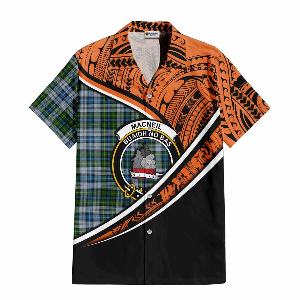 Tartan Vibes Clothing MacNeil (McNeil) Crest Tartan Short Sleeve Button Shirt with Maori Tattoo Style - Orange Version